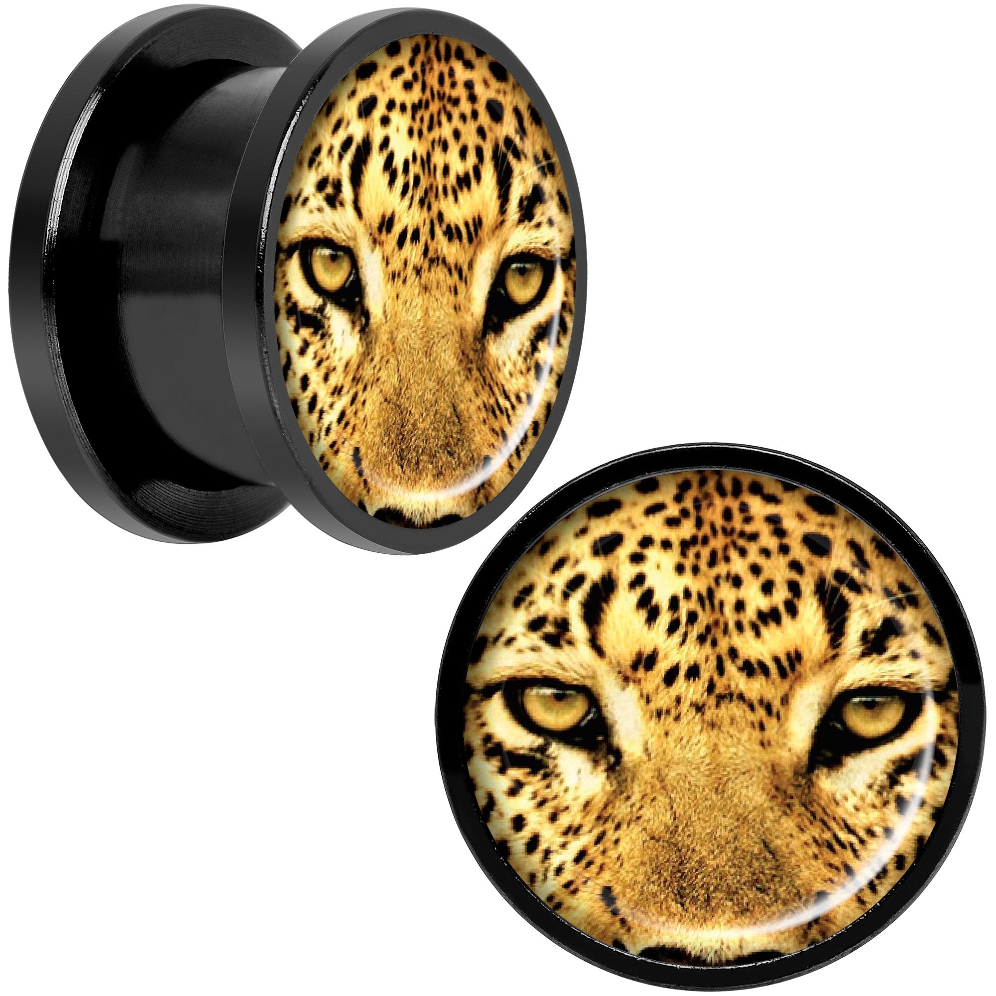 Full Color Leopard Eyes Black Anodized Screw Fit Plug Set 9/16