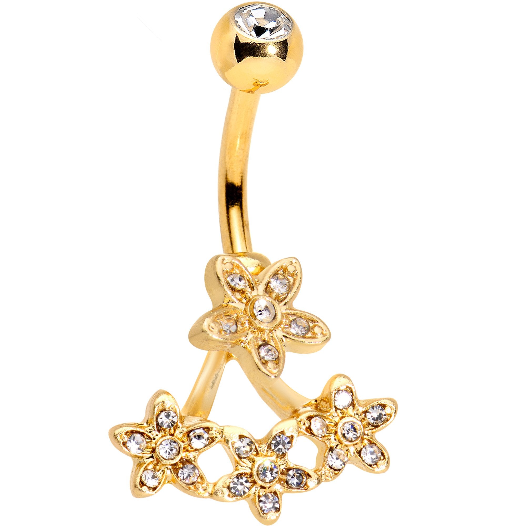 Clear Gem Field of Flowers Gold PVD Dangle Belly Ring