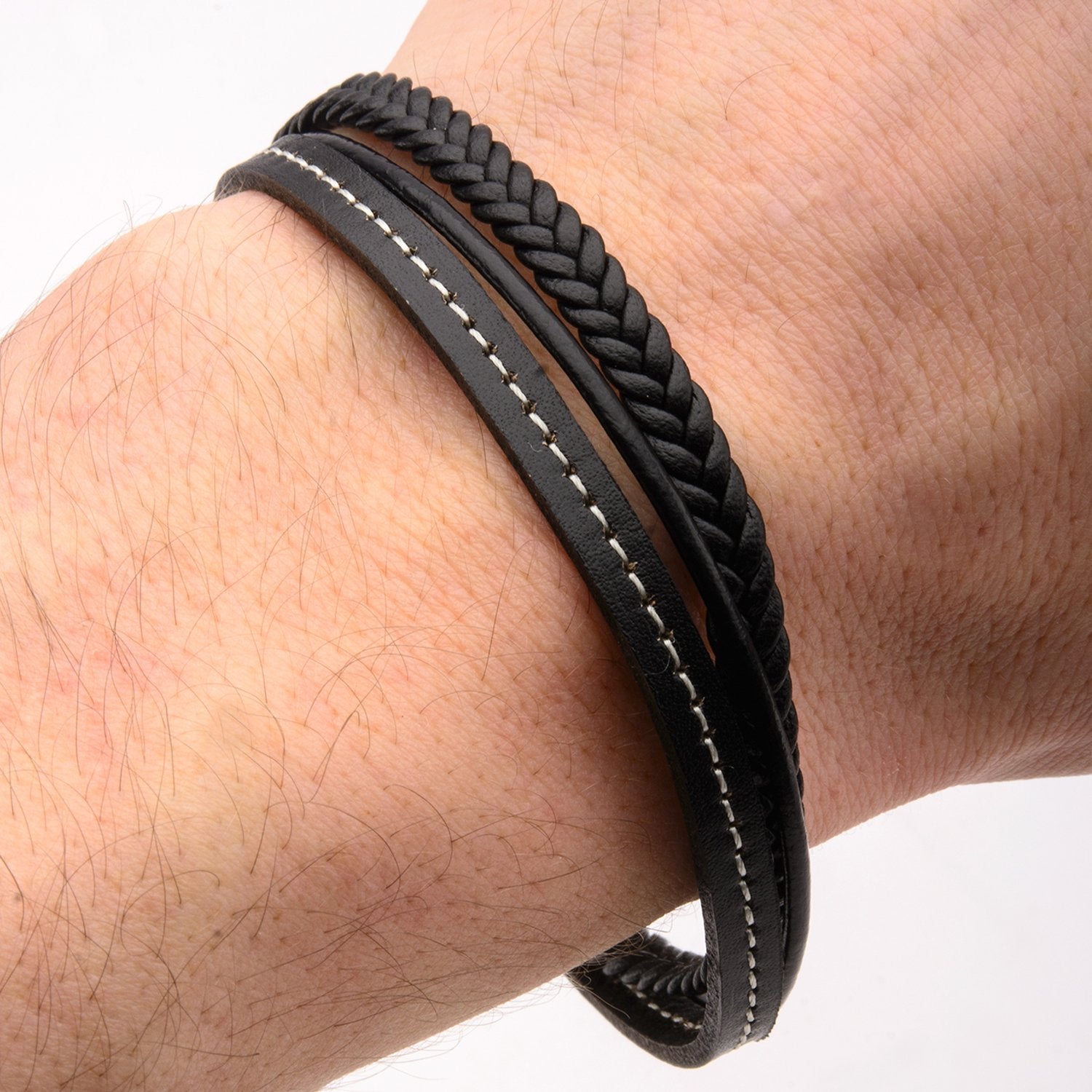 Mens Black Braided Leather in White Tread Layered 12mm Bracelet