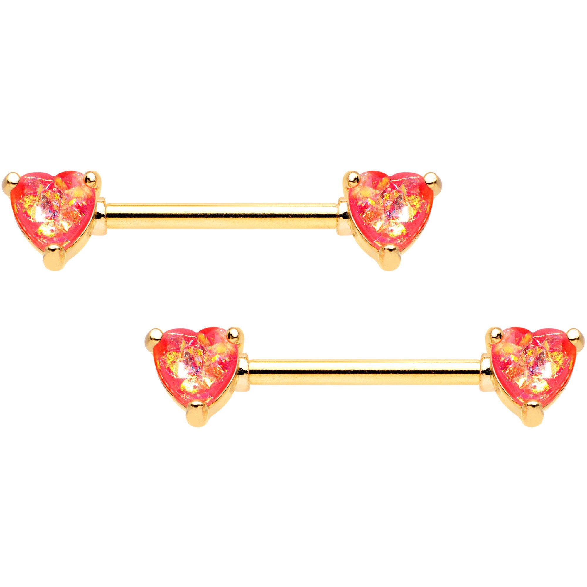 14 Gauge Coral Pink Faux Opal Heart BCR Ring Barbell Nipple Ring Set