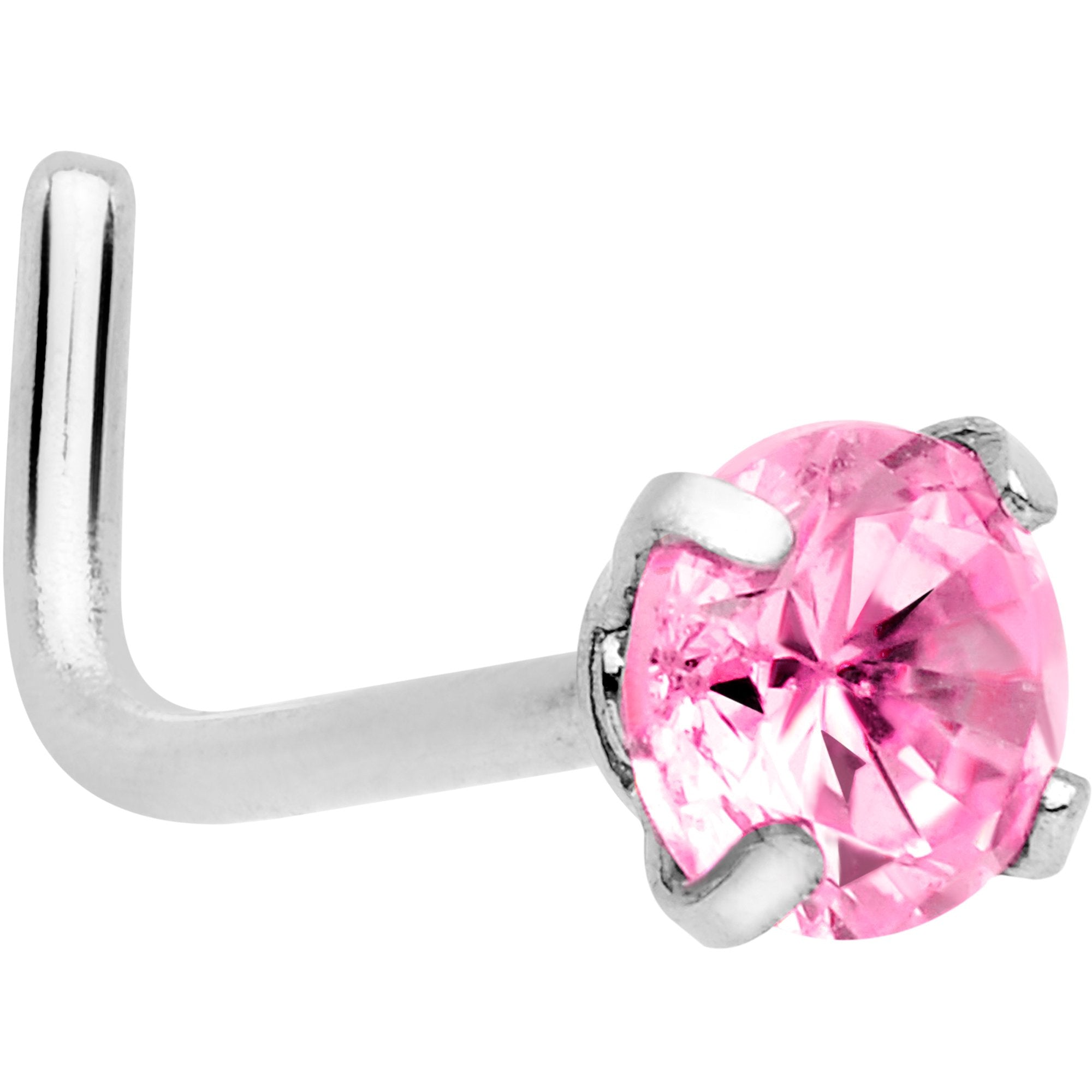 20 Gauge 1/4 Pink 3mm CZ Gem Steel L-Shape Nose Ring