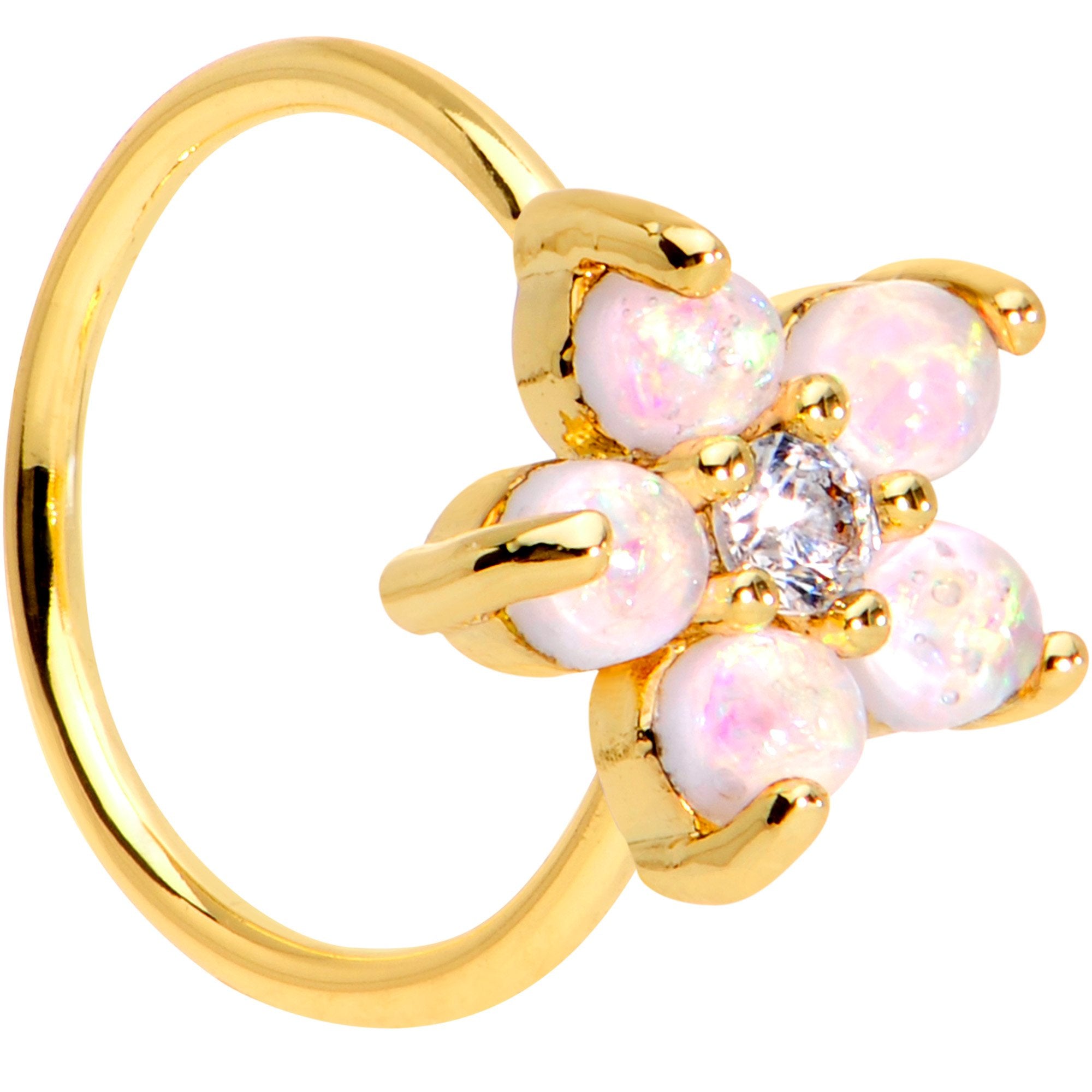 20 Gauge Clear CZ White Faux Opal Gold Tone Flower Circular Ring