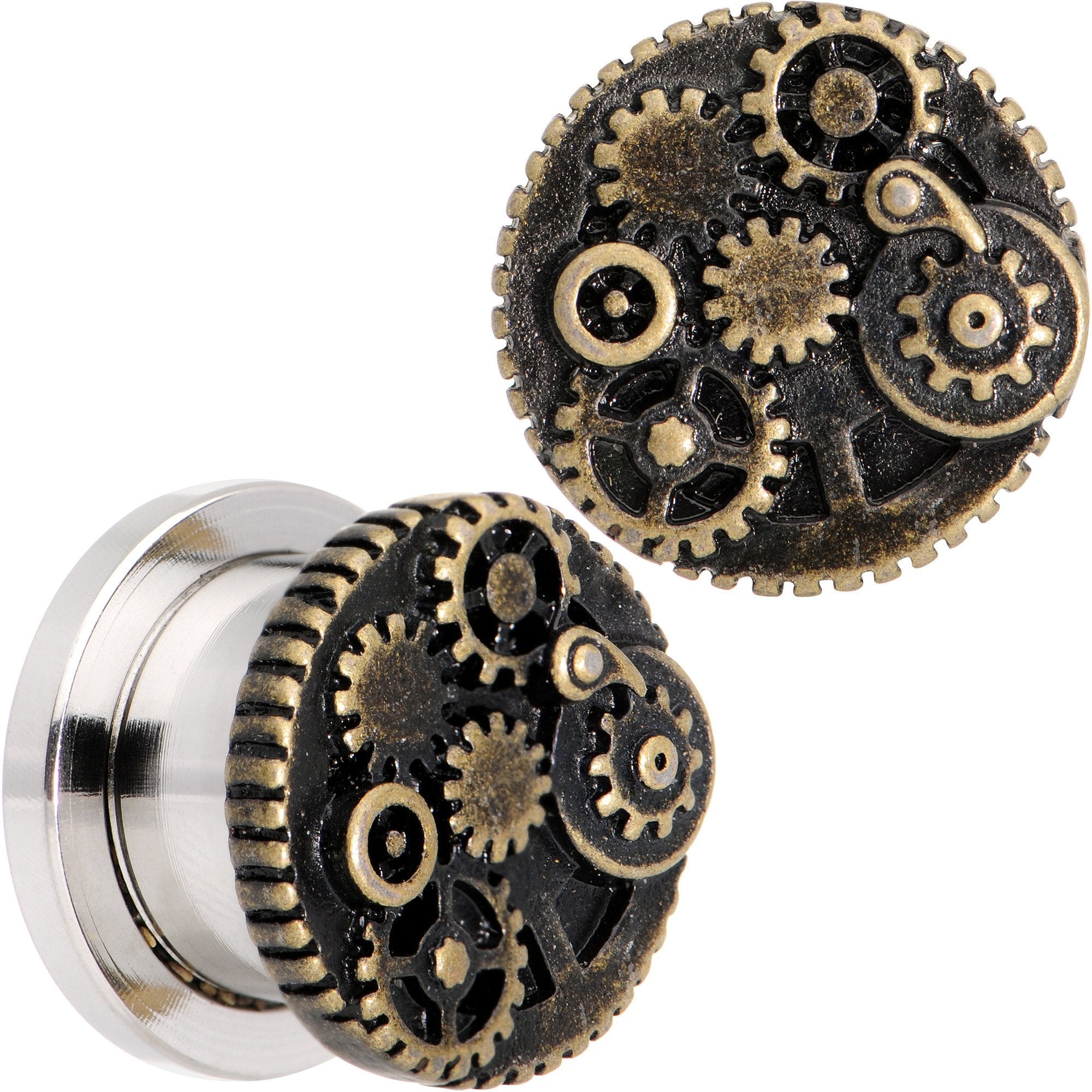 Steampunk Gears and Gizmos Screw Fit Tunnel Plug Set 2 Gauge to 1 Inch