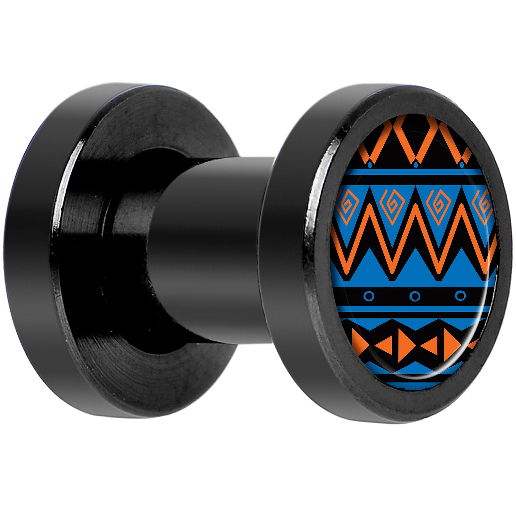 Blue Orange Tribal Print Black Anodized Screw Fit Plug Set 4 Gauge