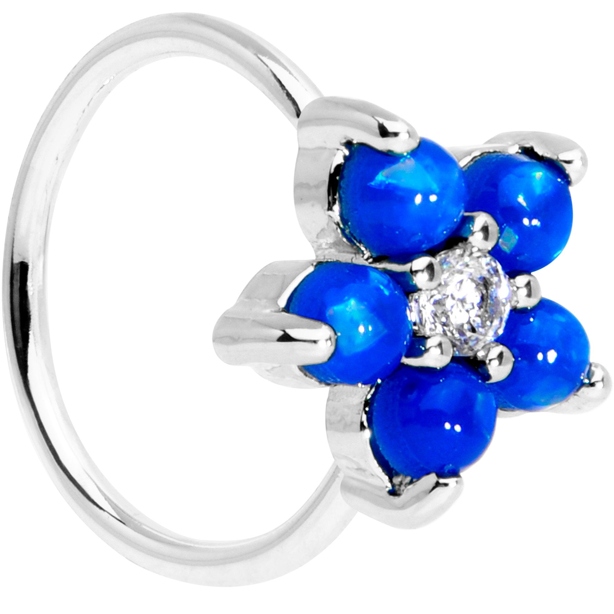 20 Gauge 5/16 Clear CZ Blue Faux Opal Flower Seamless Circular Ring