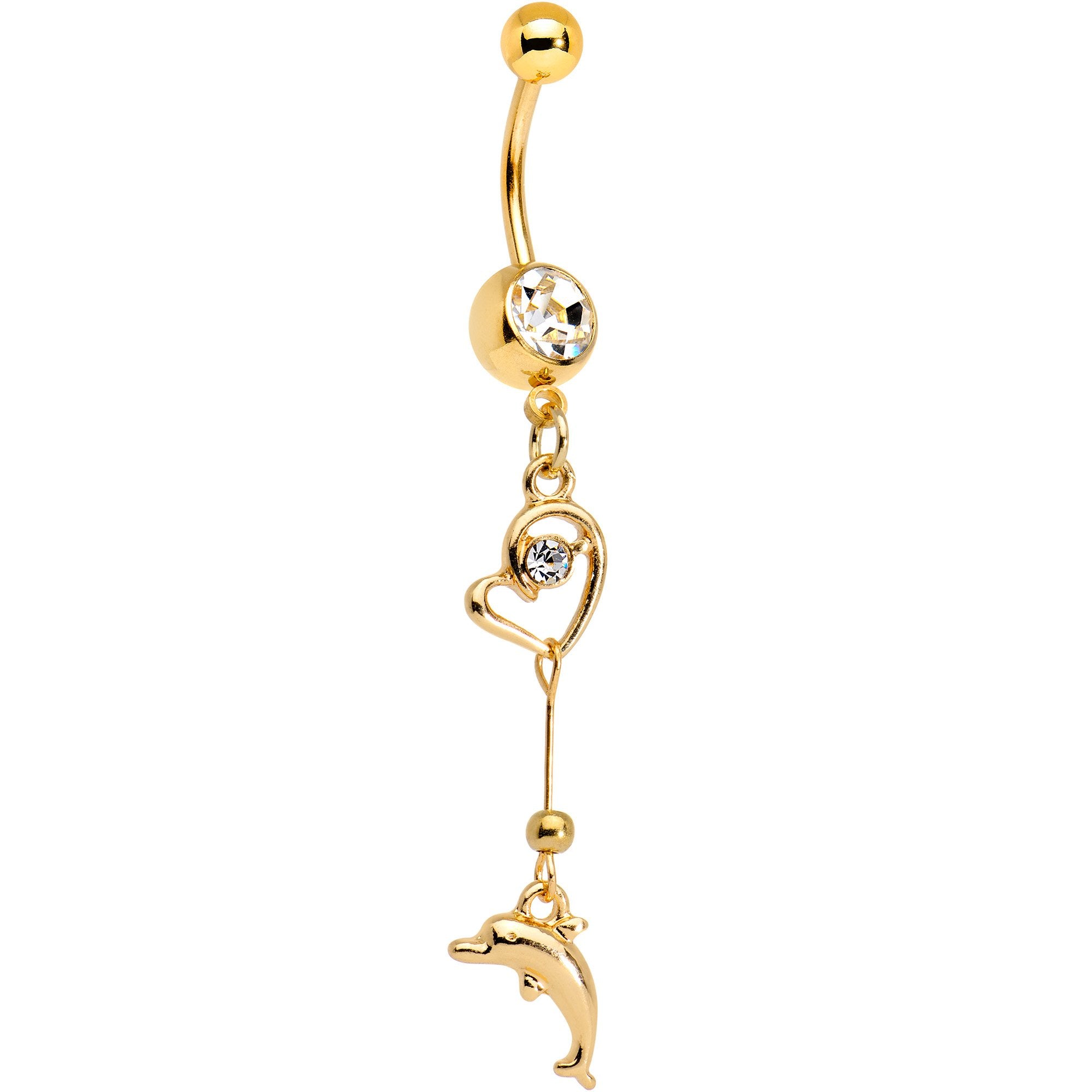 Clear Gem Gold Plated Dolphin in Love Dangle Belly Ring