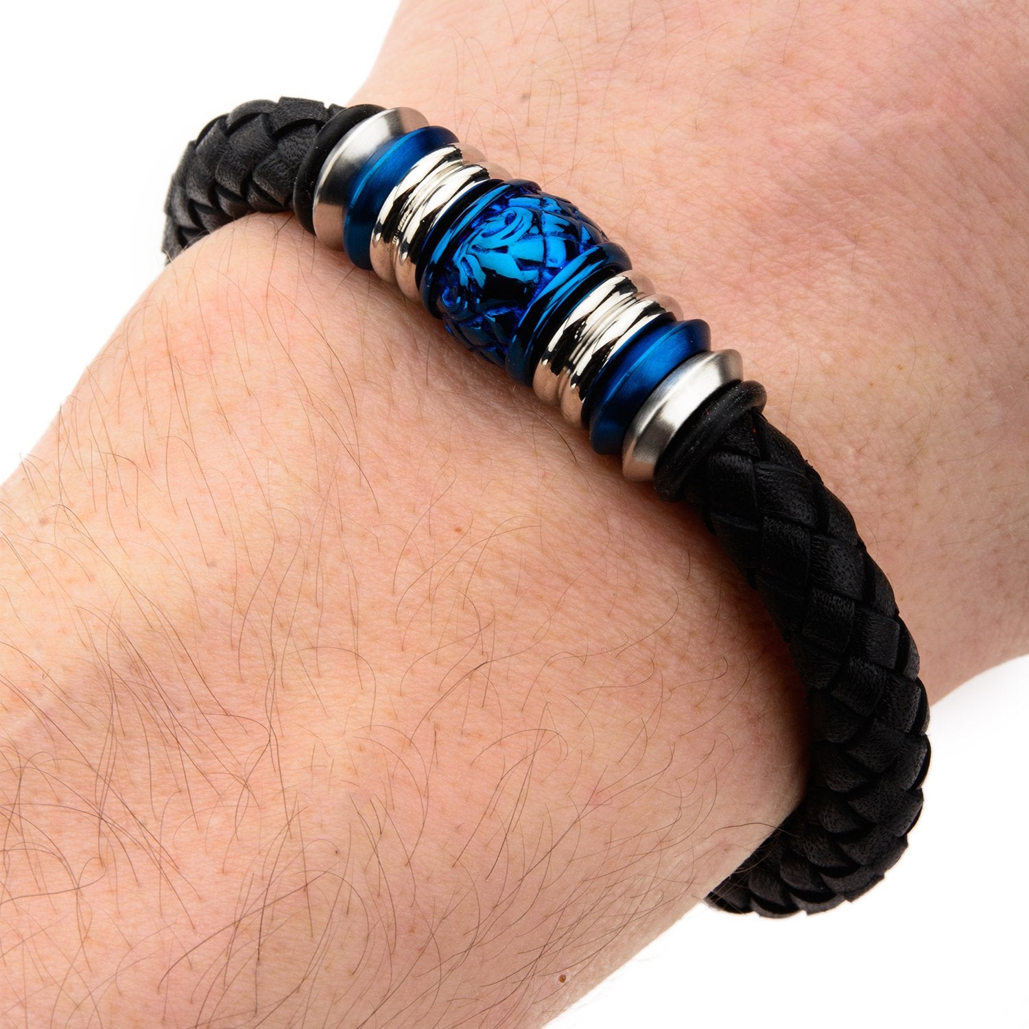 Mens Steel and Blue IP Bead in Black Braided Leather 8mm Bracelet