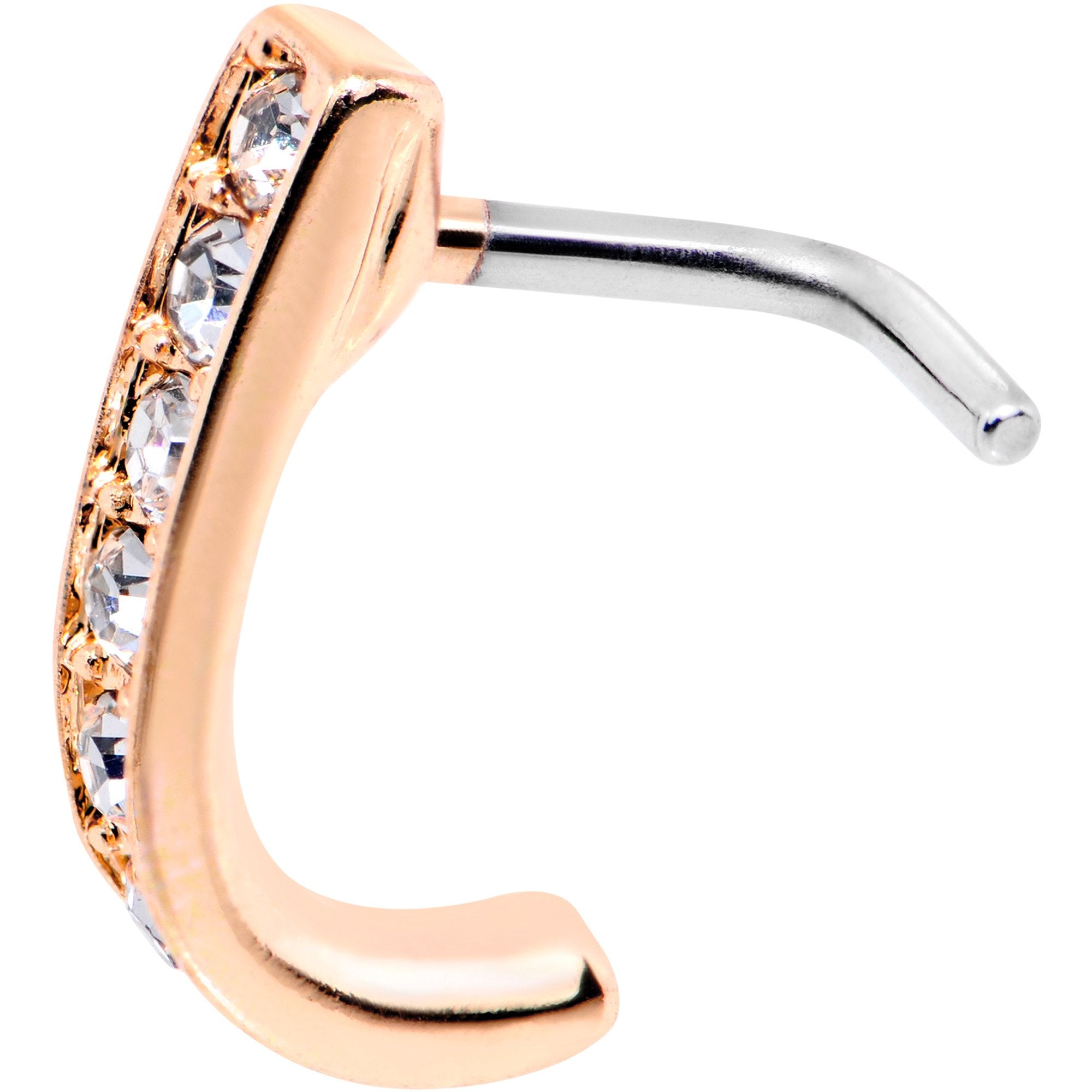 18 Gauge Clear CZ Rose Gold Tone Sleek Faux Hoop L Shaped Nose Ring