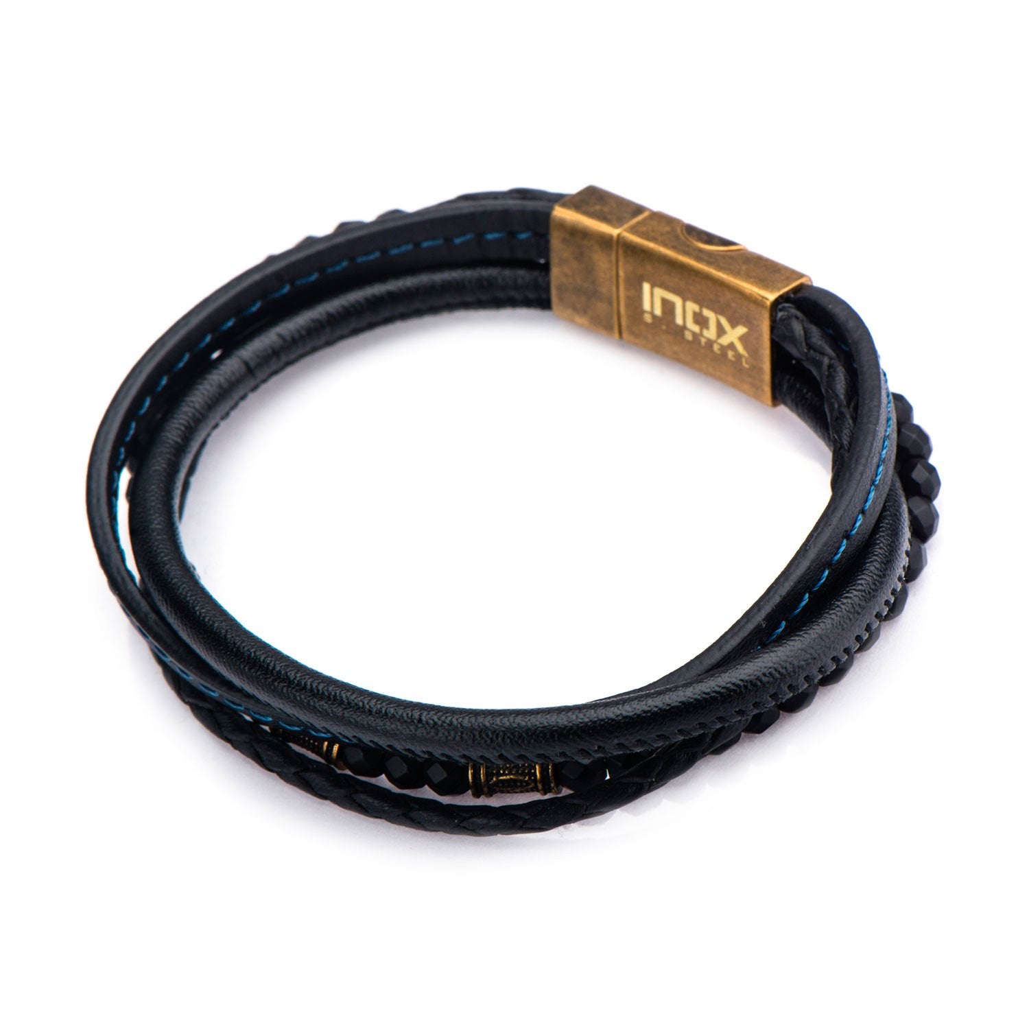 Mens Multi Layered Black Leather Hematite Bead Gold IP Rope Bracelet