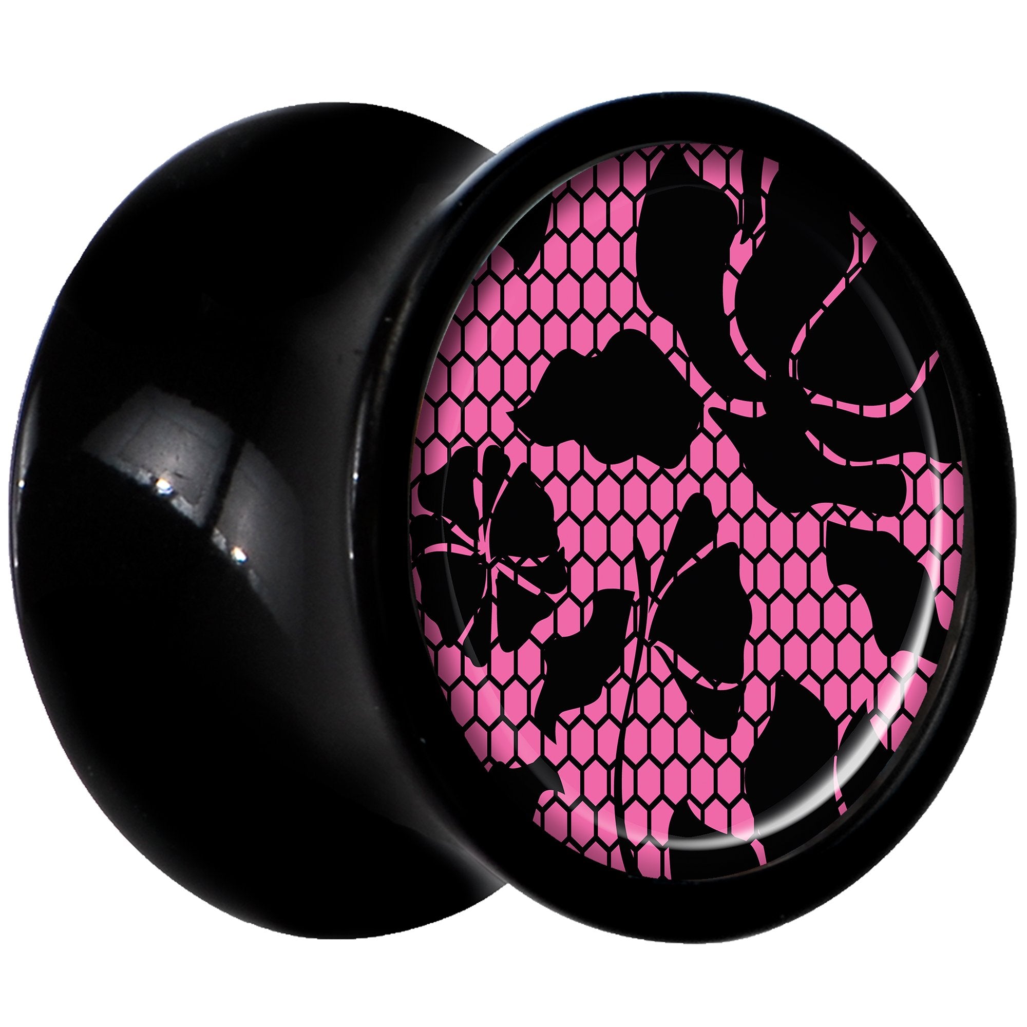 Black Acrylic Pink Floral Lace Saddle Plug Set 0 Gauge