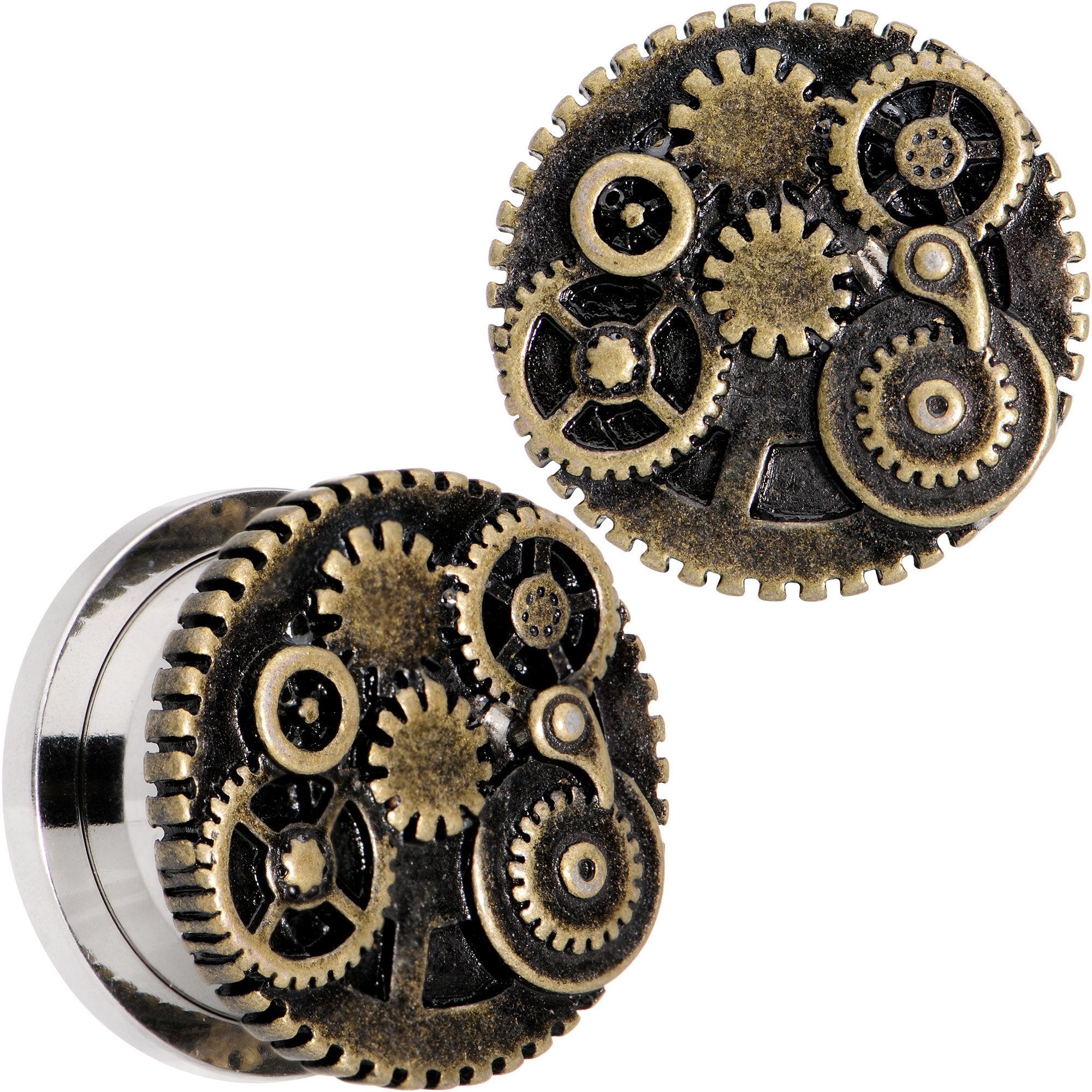 Steampunk Gears and Gizmos Screw Fit Tunnel Plug Set 2 Gauge to 1 Inch