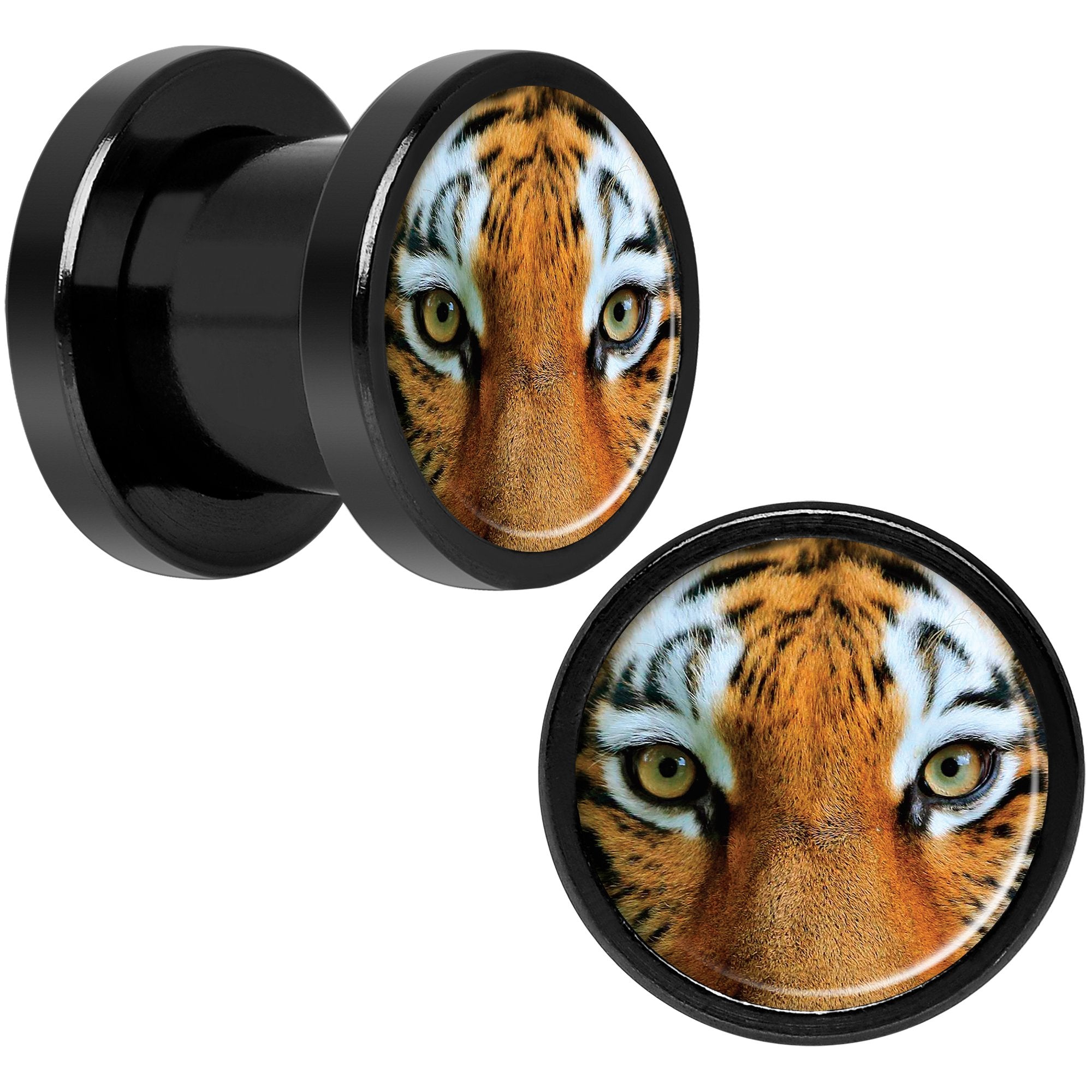 Full Color Tiger Eyes Black Anodized Screw Fit Plug Set 0 Gauge