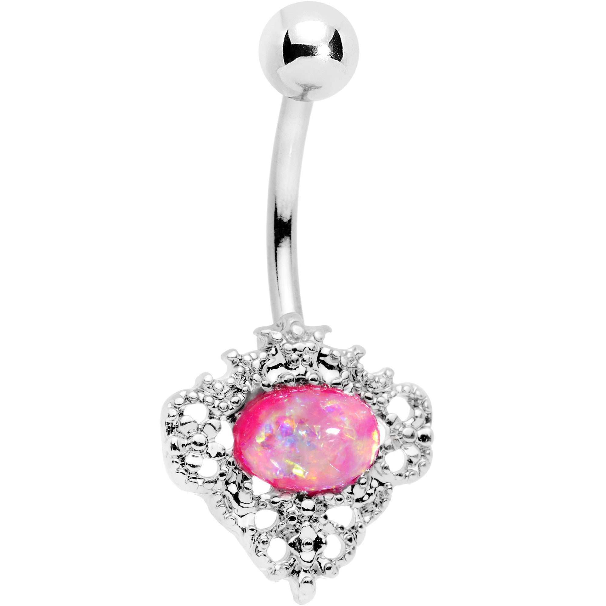 Pink Faux Opal Regally Flowered Frame Belly Ring