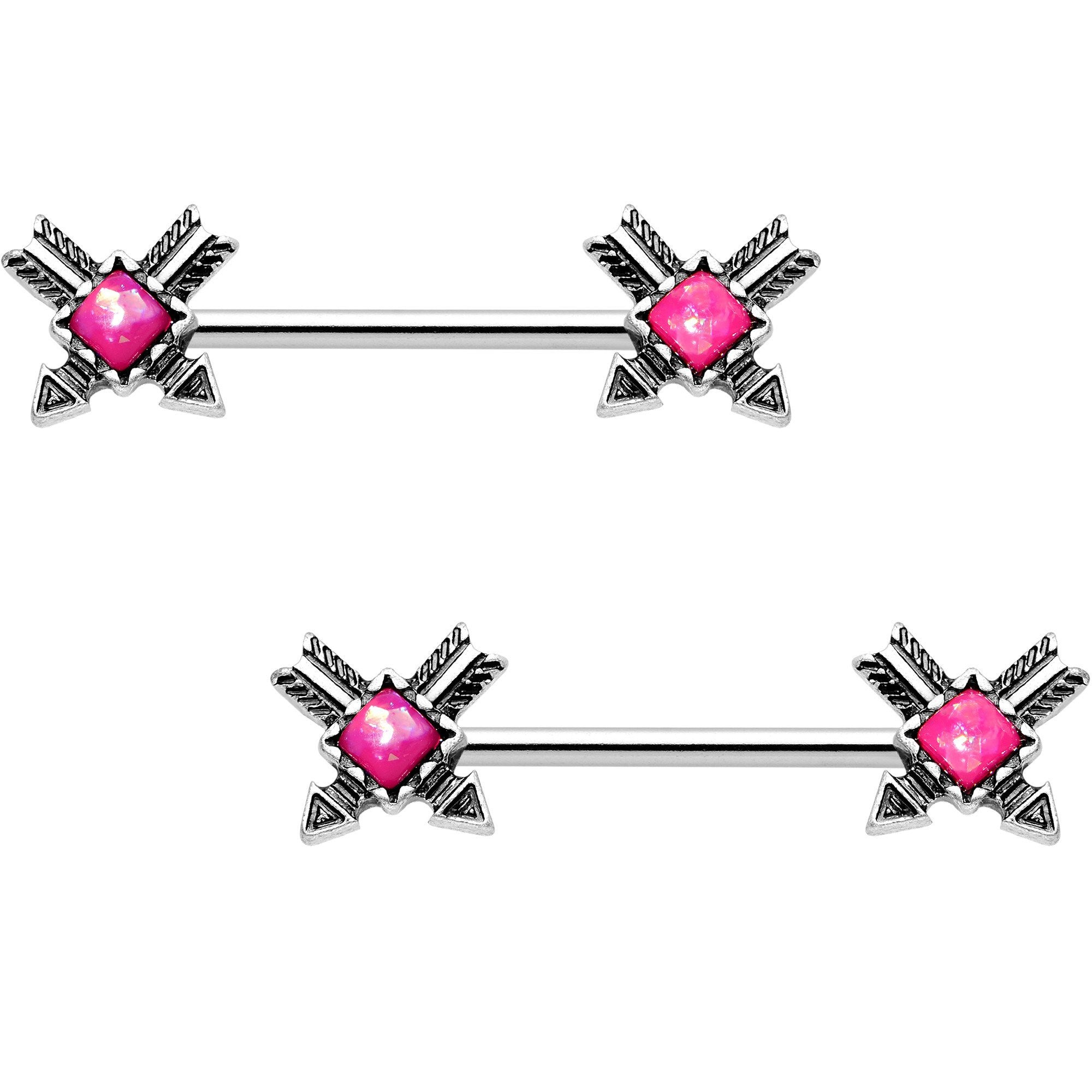 5/8 Pink Faux Opal Crossed Arrows Barbell Nipple Ring Set