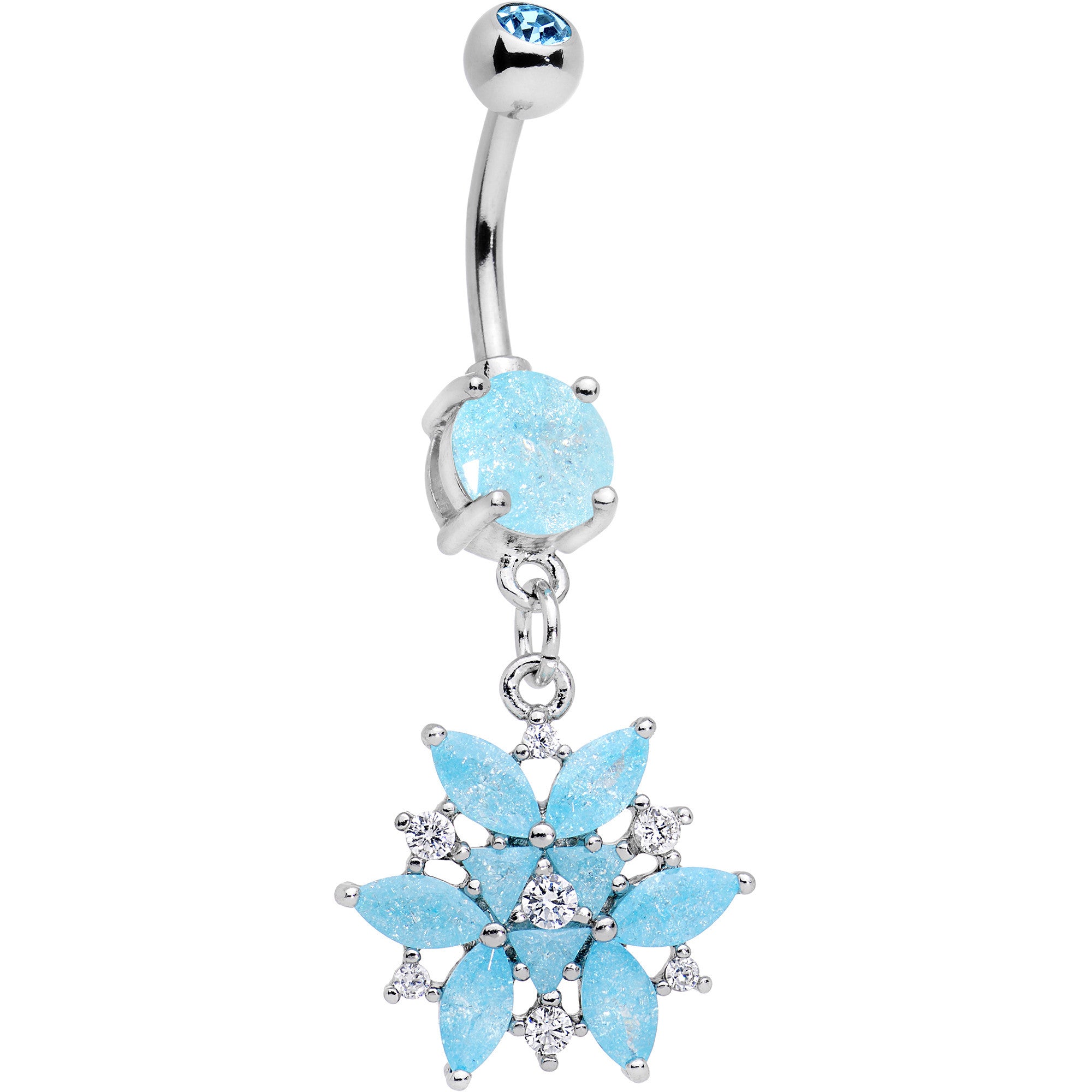 Aqua Blue CZ Gem Epic Ice Flower Dangle Belly Ring