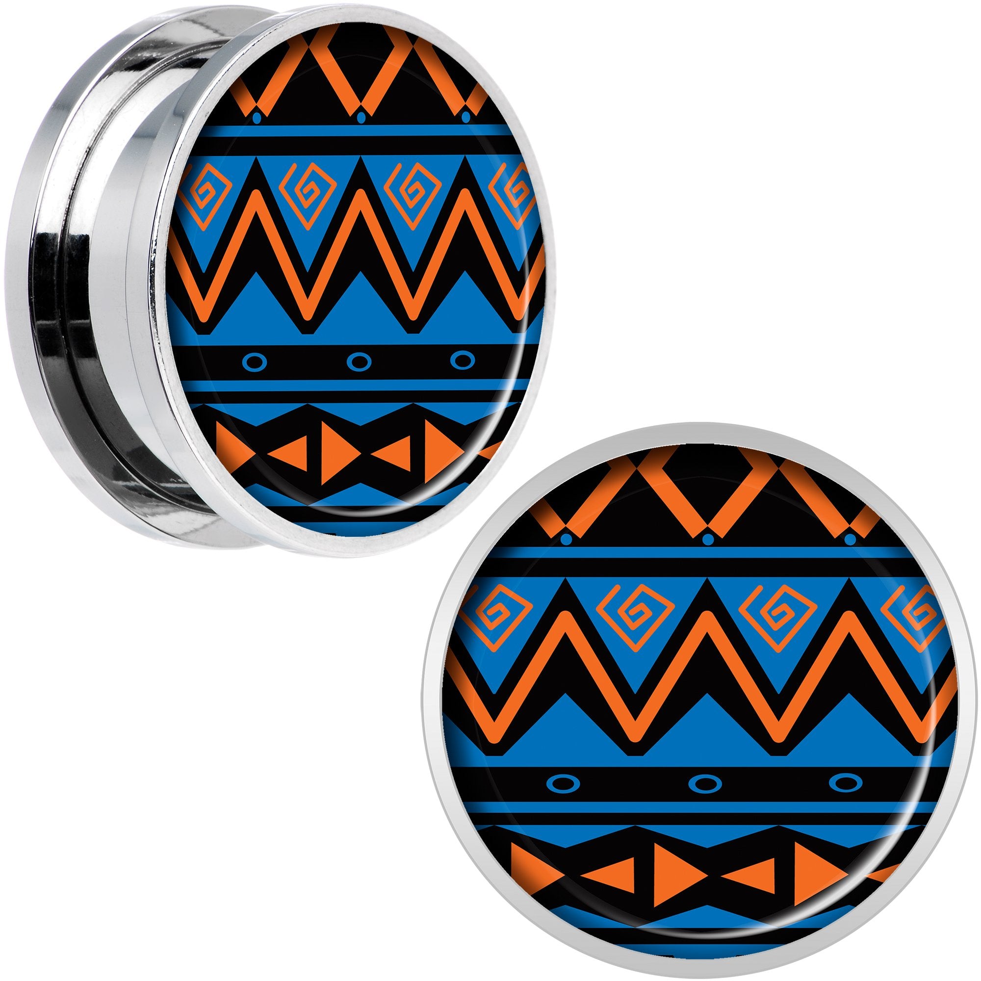 Blue Orange Tribal Print Steel Screw Fit Plug Set 20mm