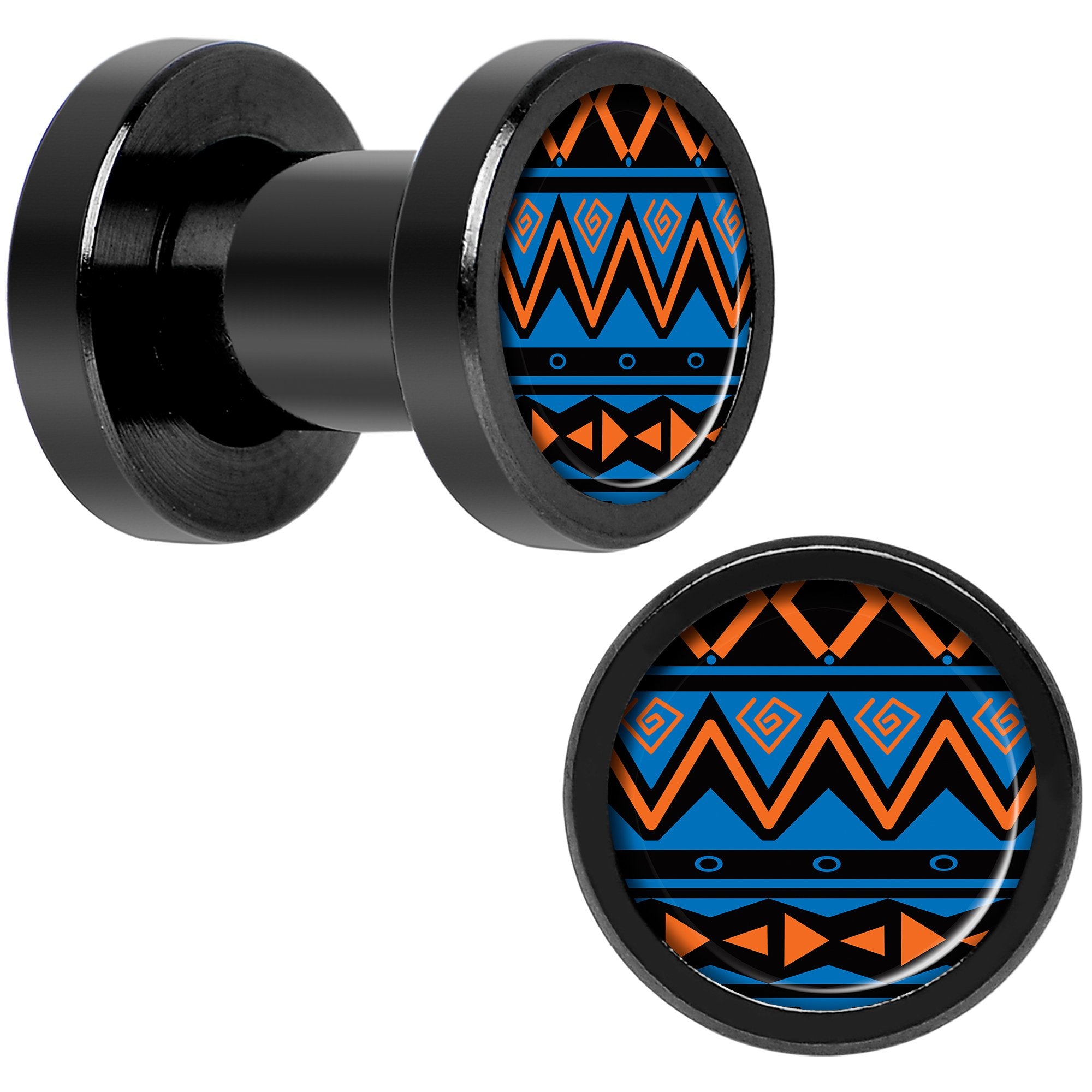 Blue Orange Tribal Print Black Anodized Screw Fit Plug Set 4 Gauge