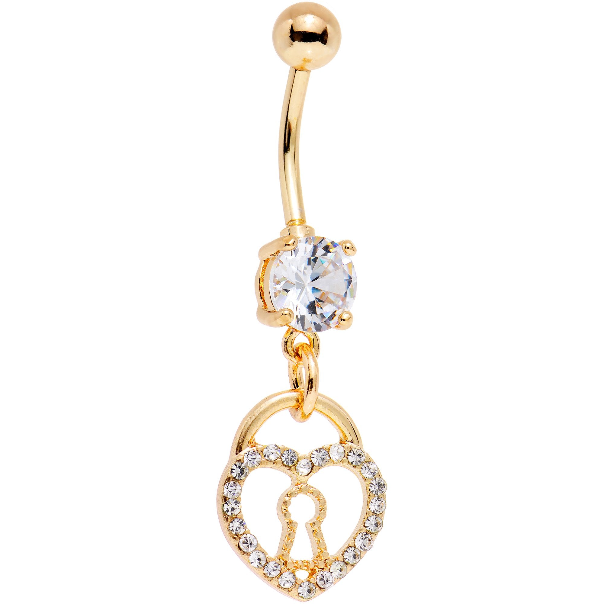 Clear Gem Gold PVD Keyhole Heart Pendant Dangle Belly Ring