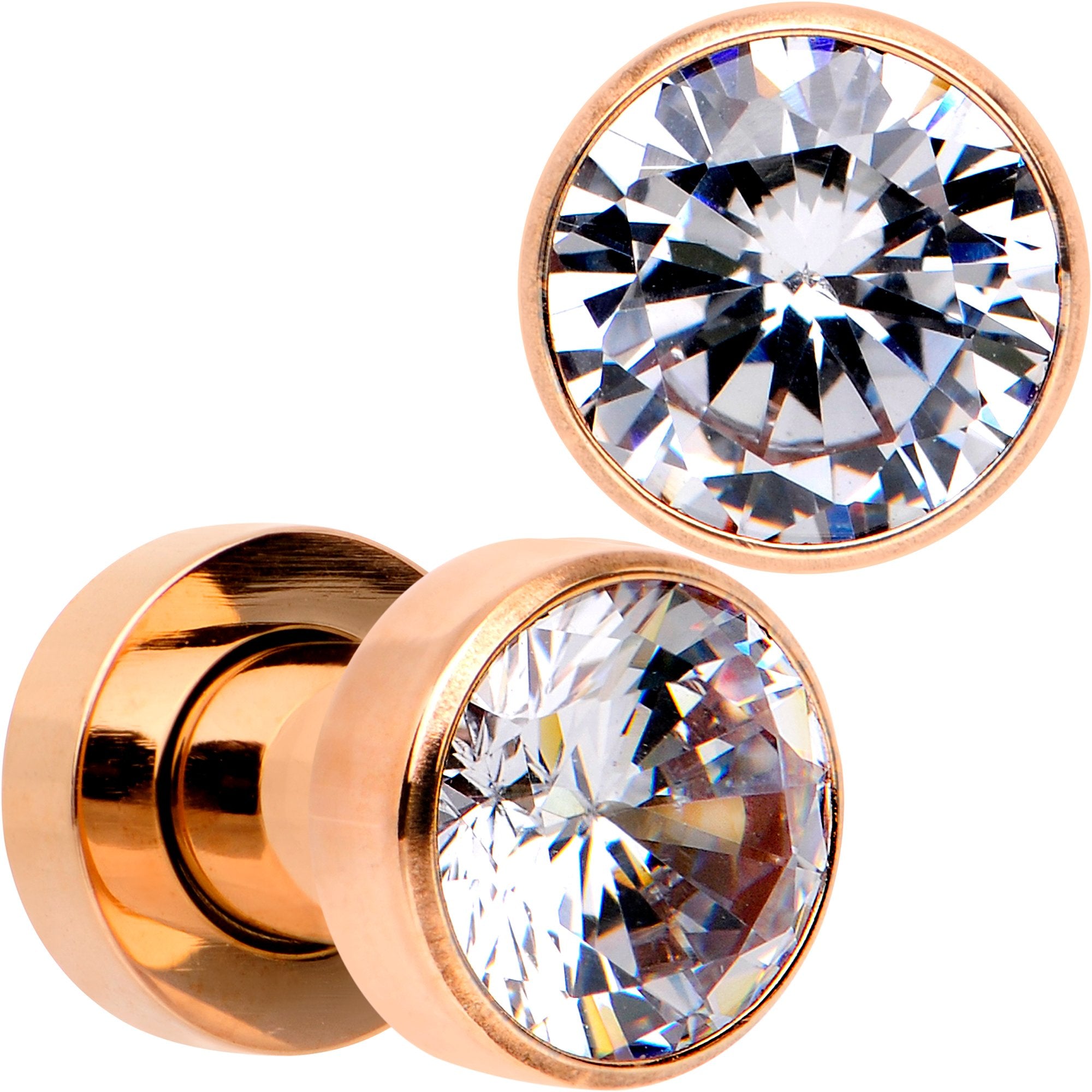 Clear CZ Gem Rose Gold PVD Glitzy Screw Fit Tunnel Plug Set