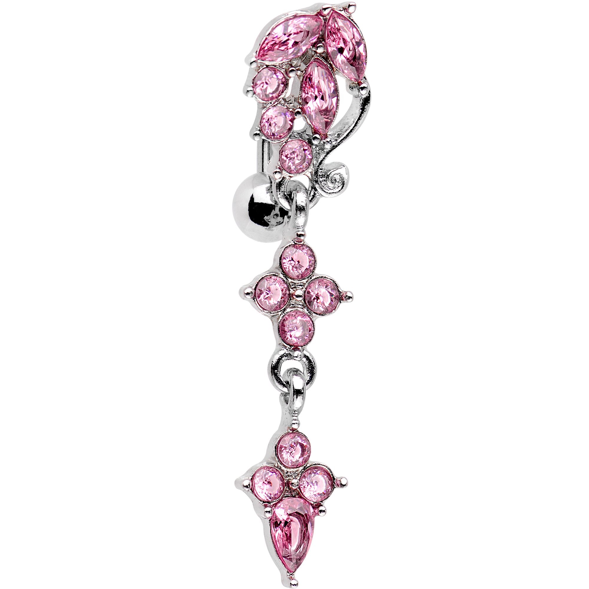 Pink Gem Leafy Vine Top Mount Dangle Belly Ring