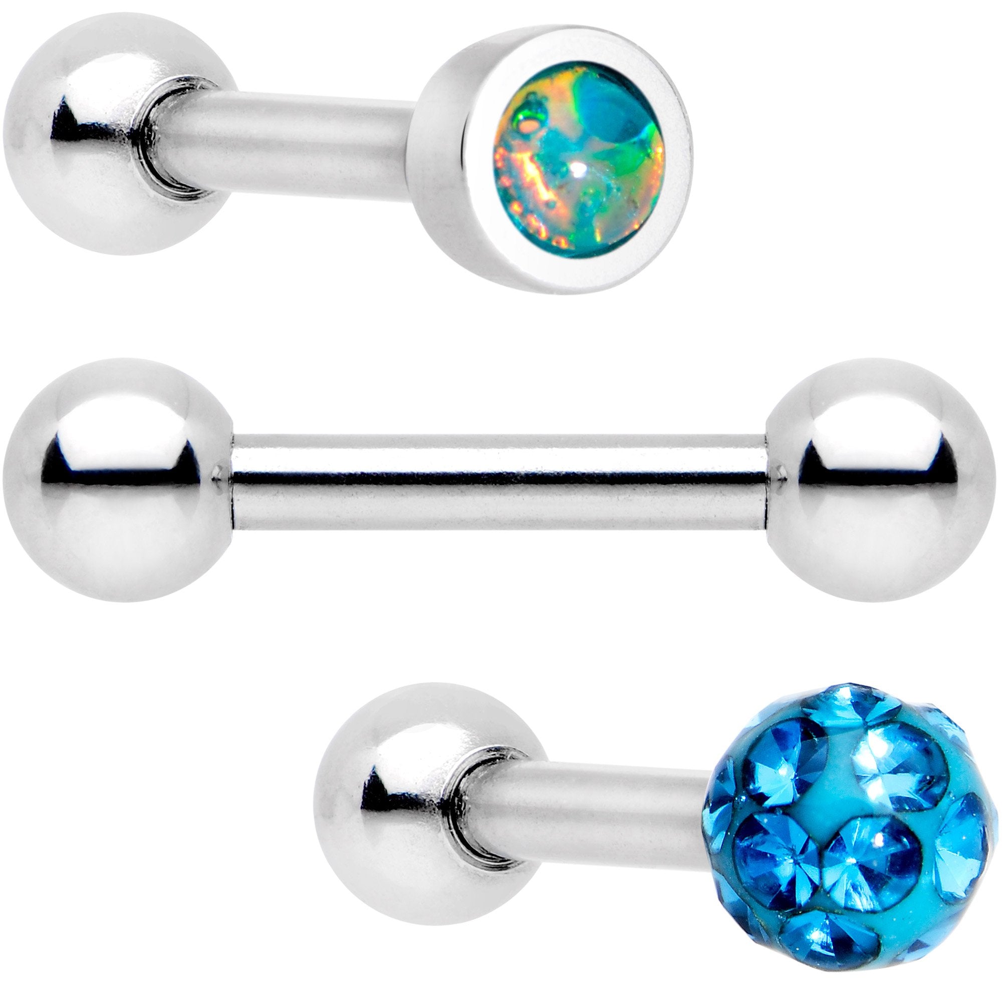 16 Gauge 1/4 Aqua Faux Opal Inlay Cartilage Tragus Earring 3 Pack Set