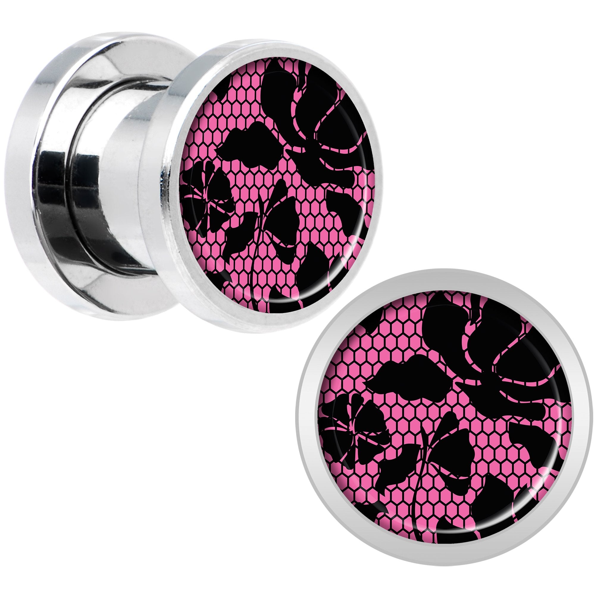 Pink Floral Lace Steel Screw Fit Plug Set 0 Gauge