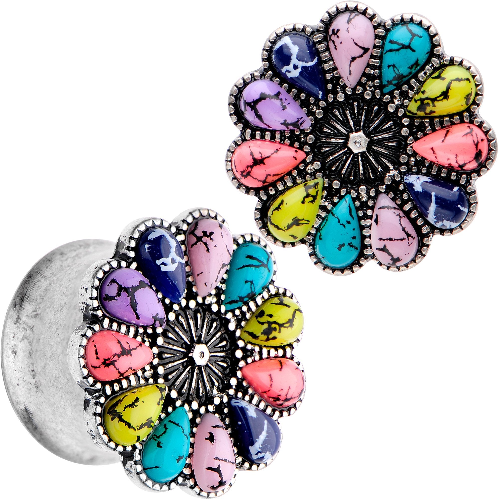 Southwestern Pinwheel Flower Double Flare Plug Set Set 2 Gauge to 22mm