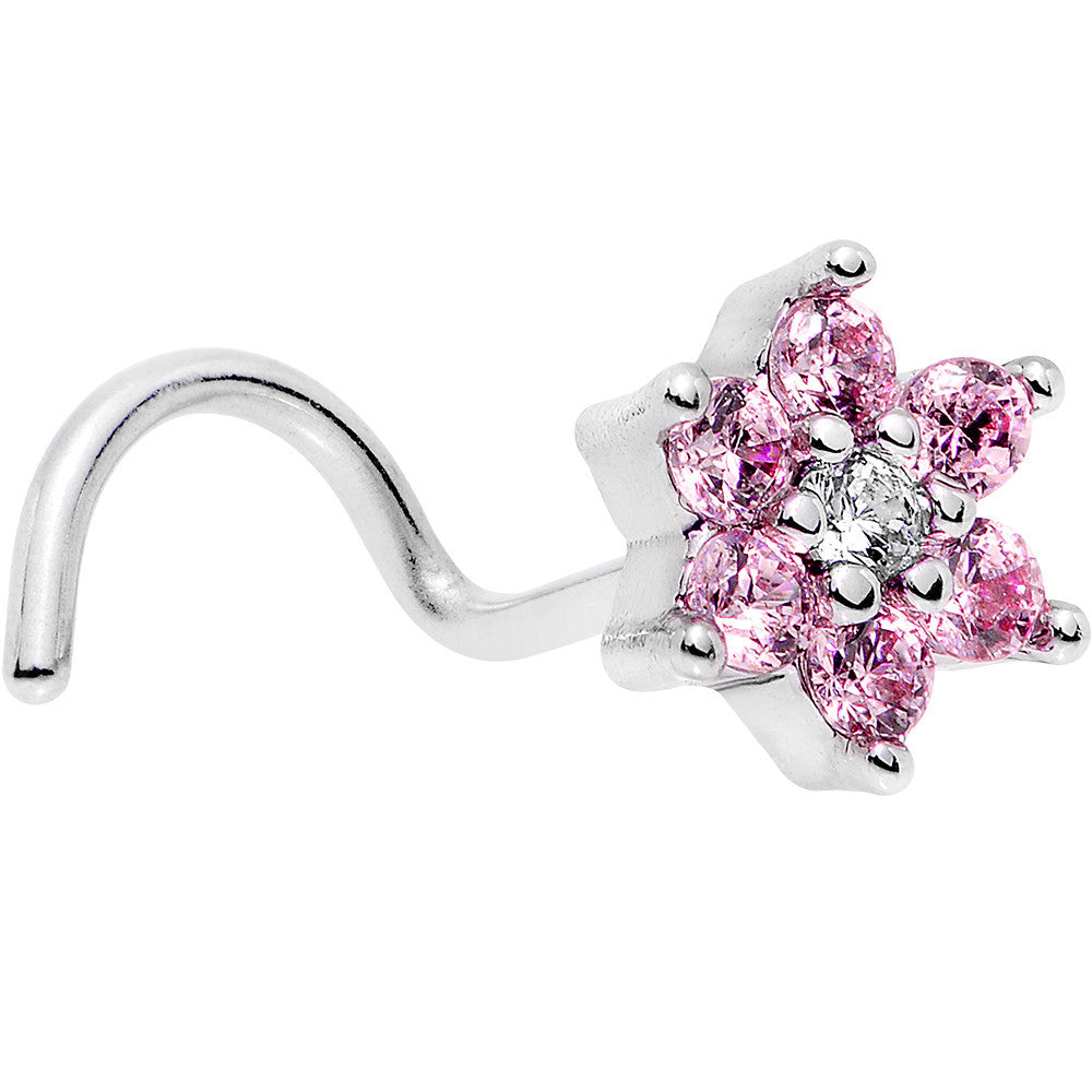 20 Gauge 1/4 Pink and Clear CZ Gem Flower Right Nose Screw