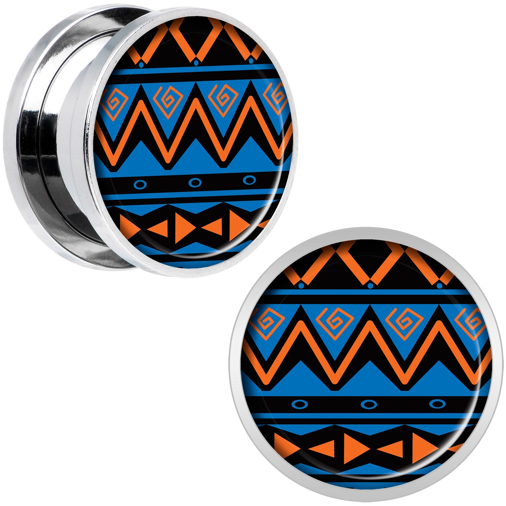 Blue Orange Tribal Print Steel Screw Fit Plug Set 5/8