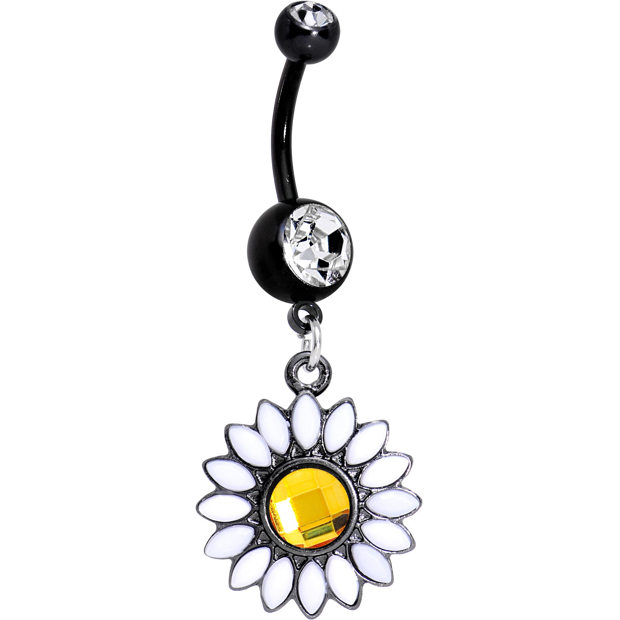 Clear Yellow Gem Black Daisy Flower Dangle Belly Ring