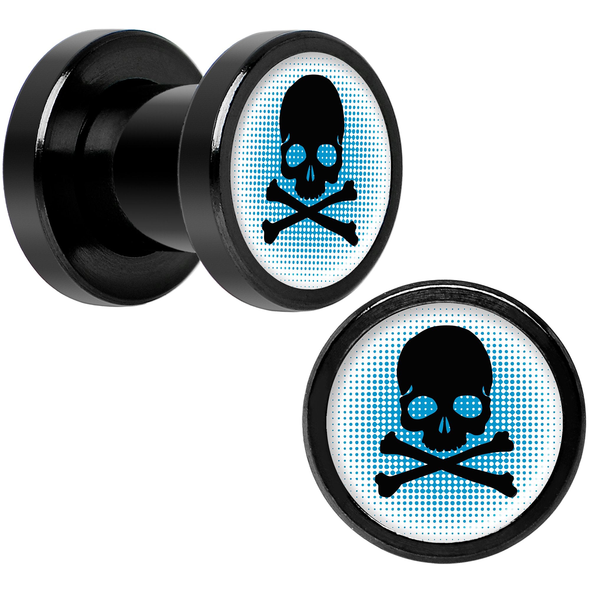 Blue Black Skull Black Anodized Screw Fit Plug Set 2 Gauge