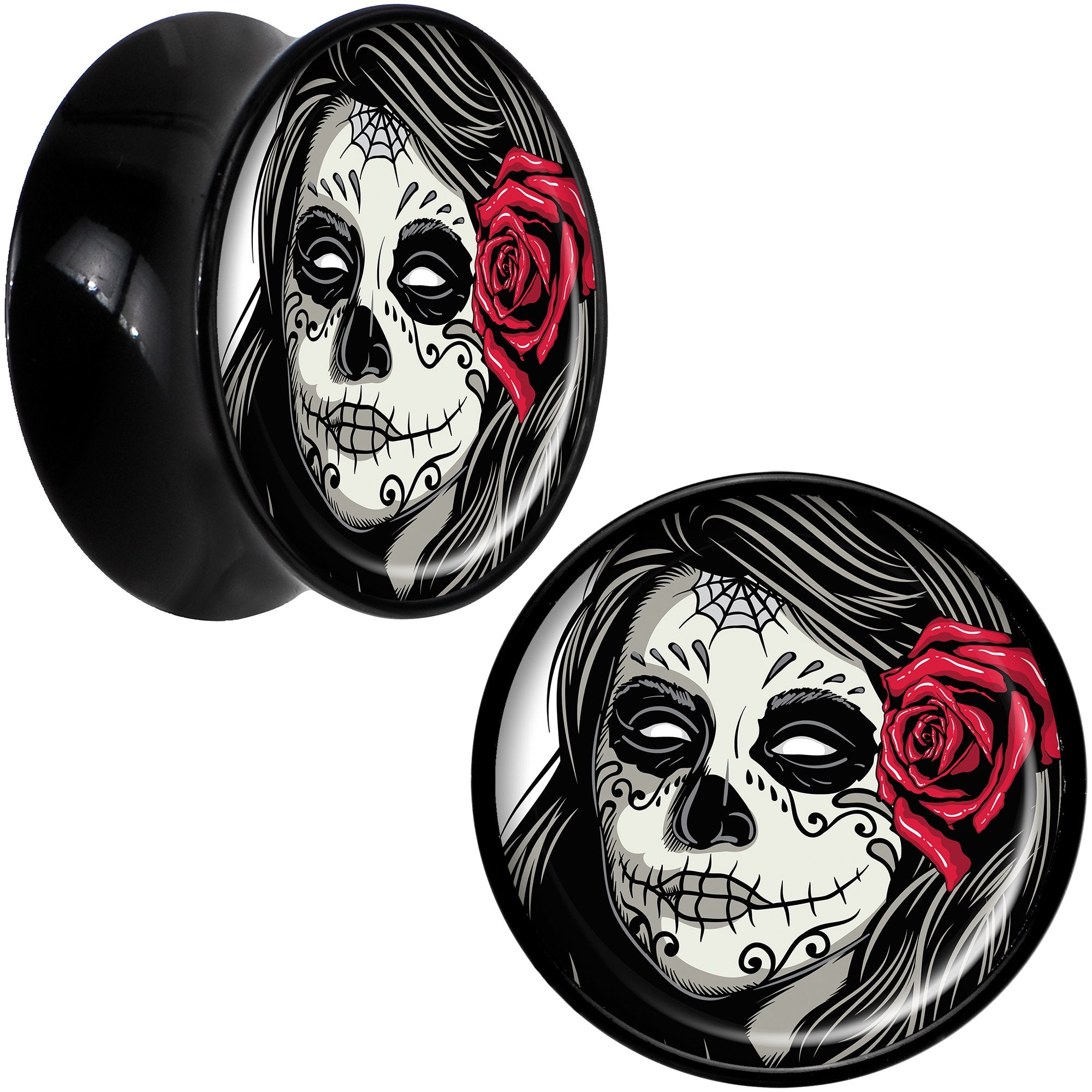 Black Acrylic Katrina Sugar Skull with Rose Flower Saddle Plug Set 20mm