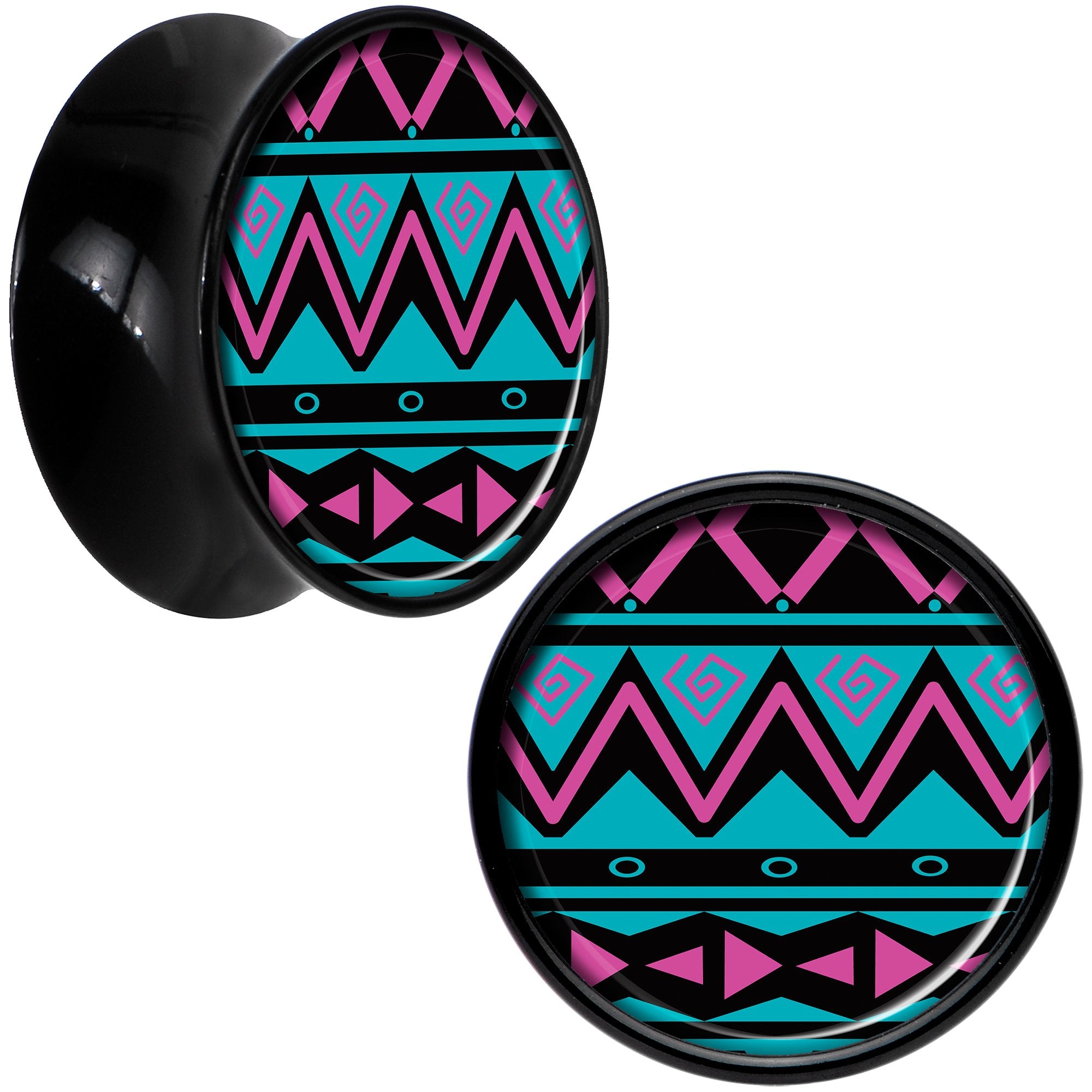 Black Acrylic Pink Teal Tribal Print Saddle Plug Set 9/16