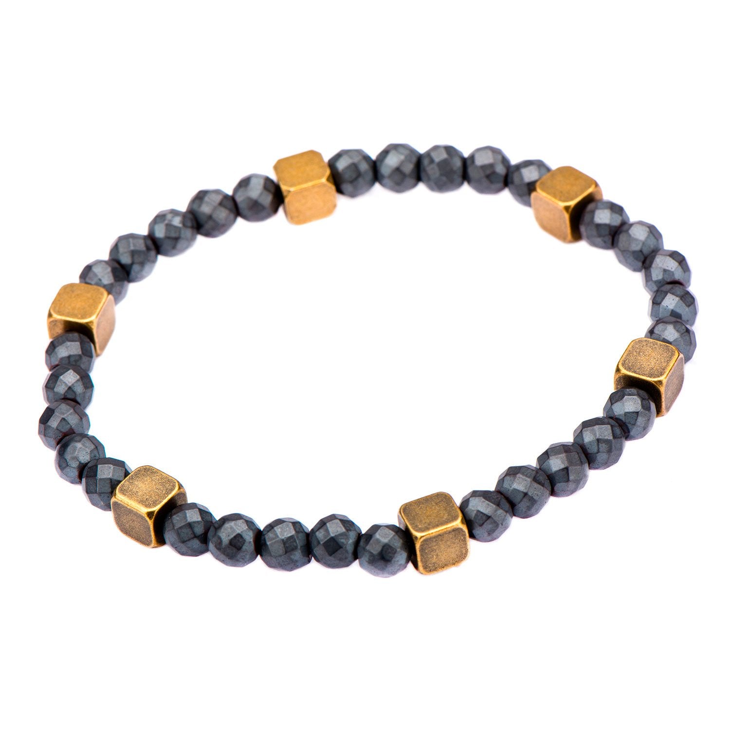 Mens Grey Hematite with Antique Steel Brass Beads Bracelet