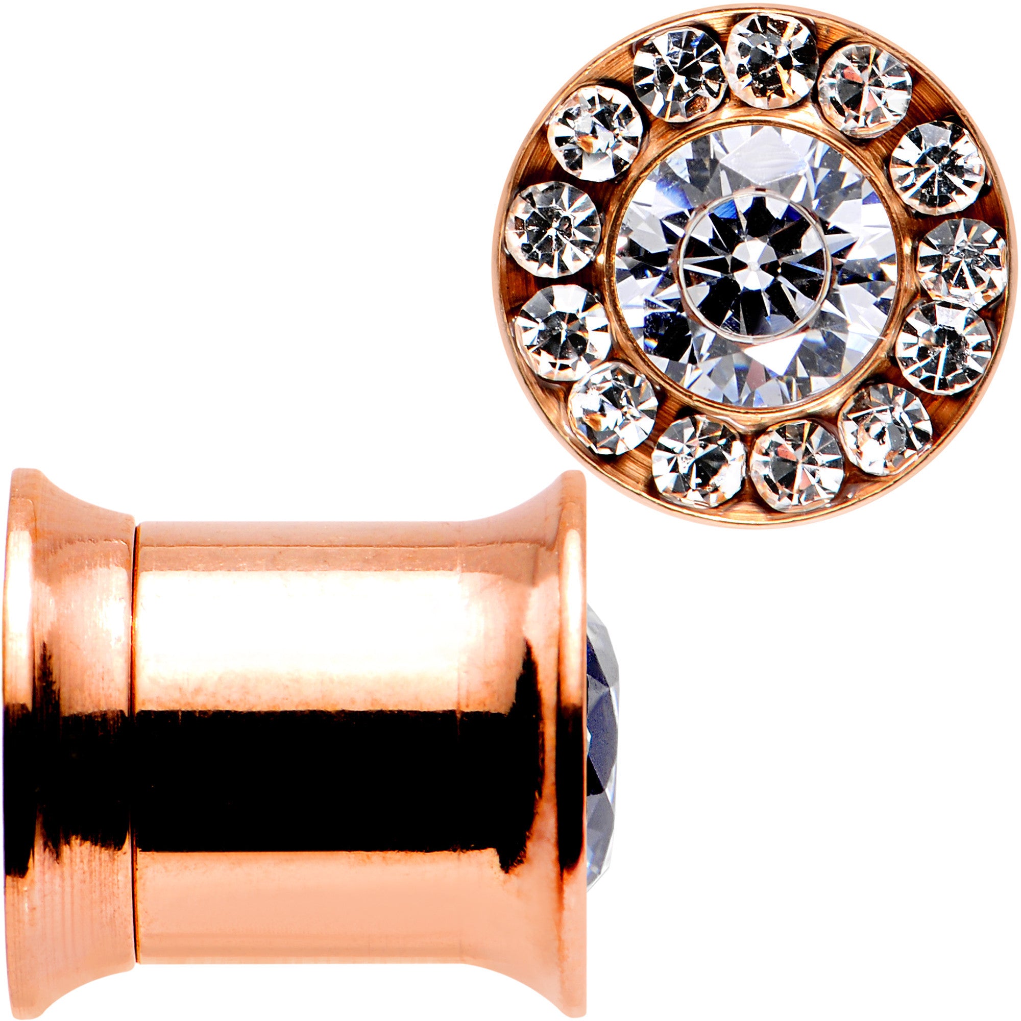 0 Gauge Clear CZ Gem Rose Gold PVD Goddess of Glam Screw Fit Plug Set