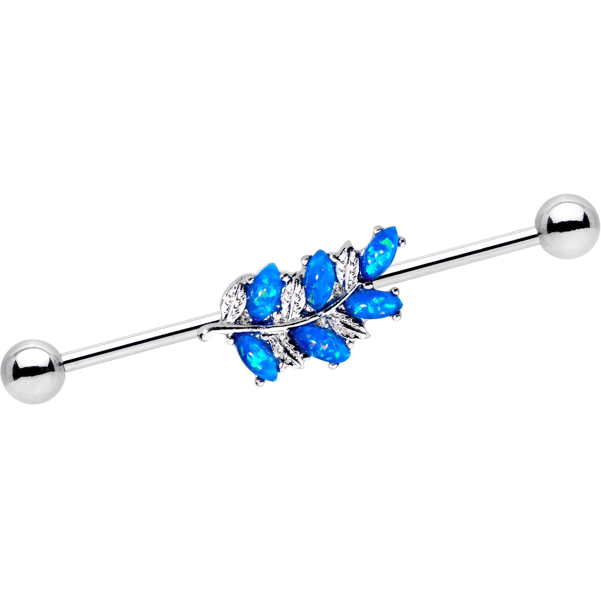 Blue Faux Opal Sprig of Ivy Leaf Industrial Barbell 38mm