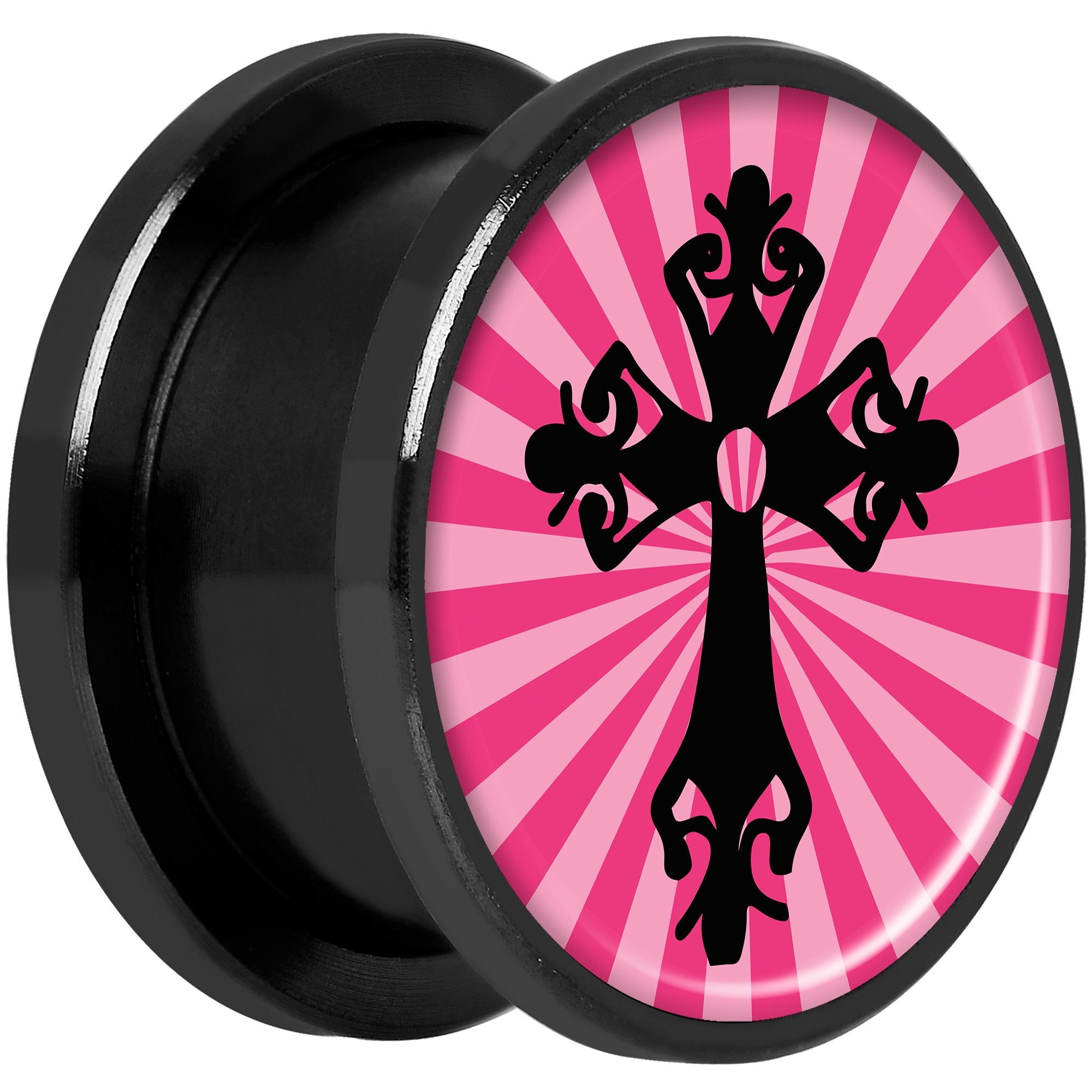 Pink Black Radiant Cross Black Anodized Screw Fit Plug Set 5/8