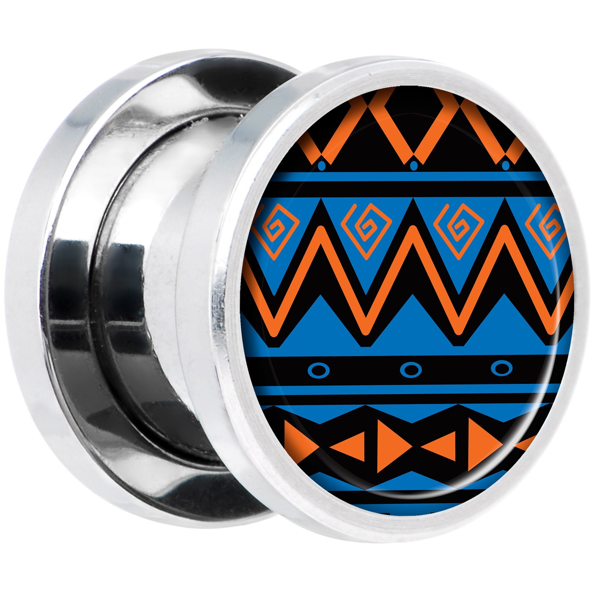 Blue Orange Tribal Print Steel Screw Fit Plug Set 00 Gauge