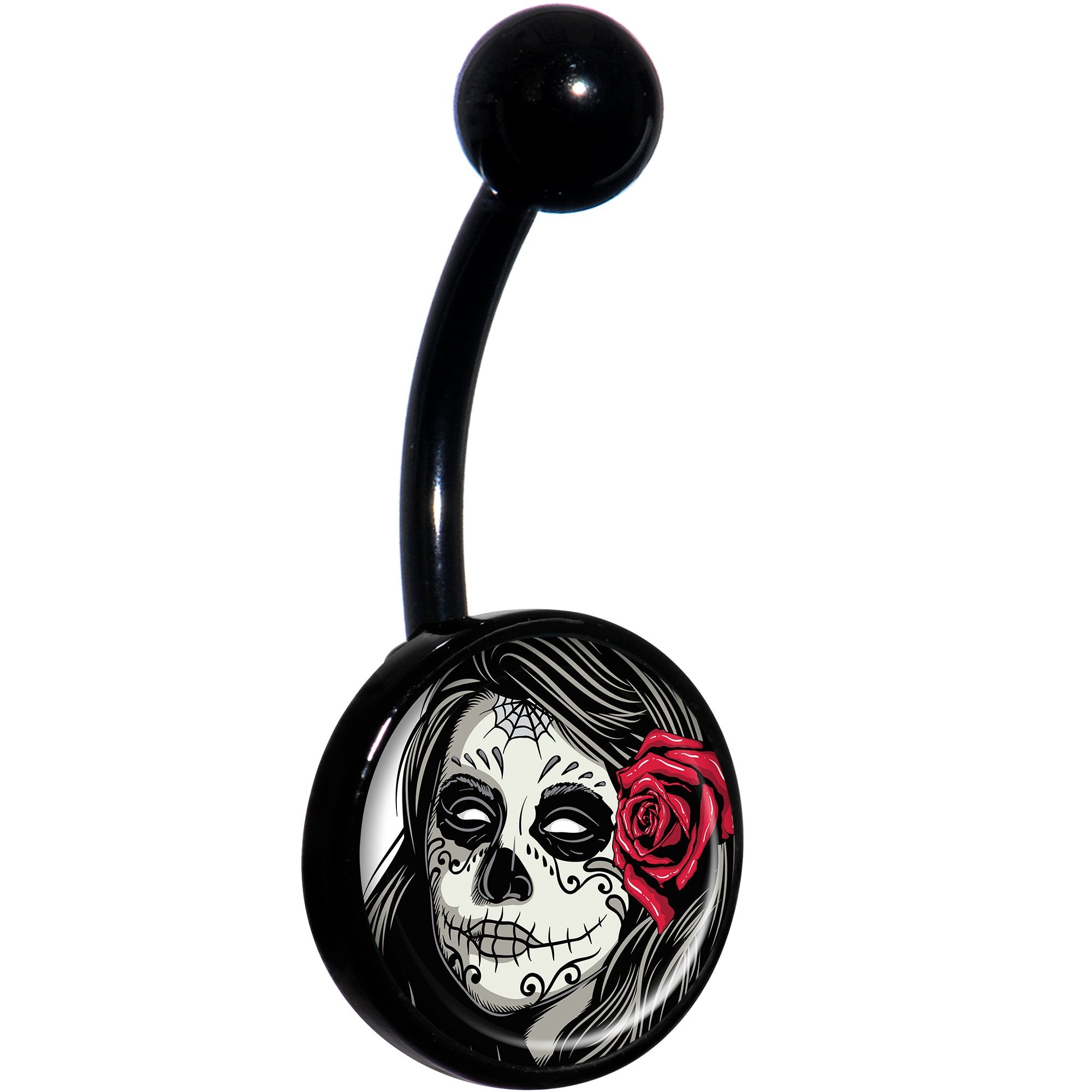 Katrina Sugar Skull with Rose Flower Black Belly Ring