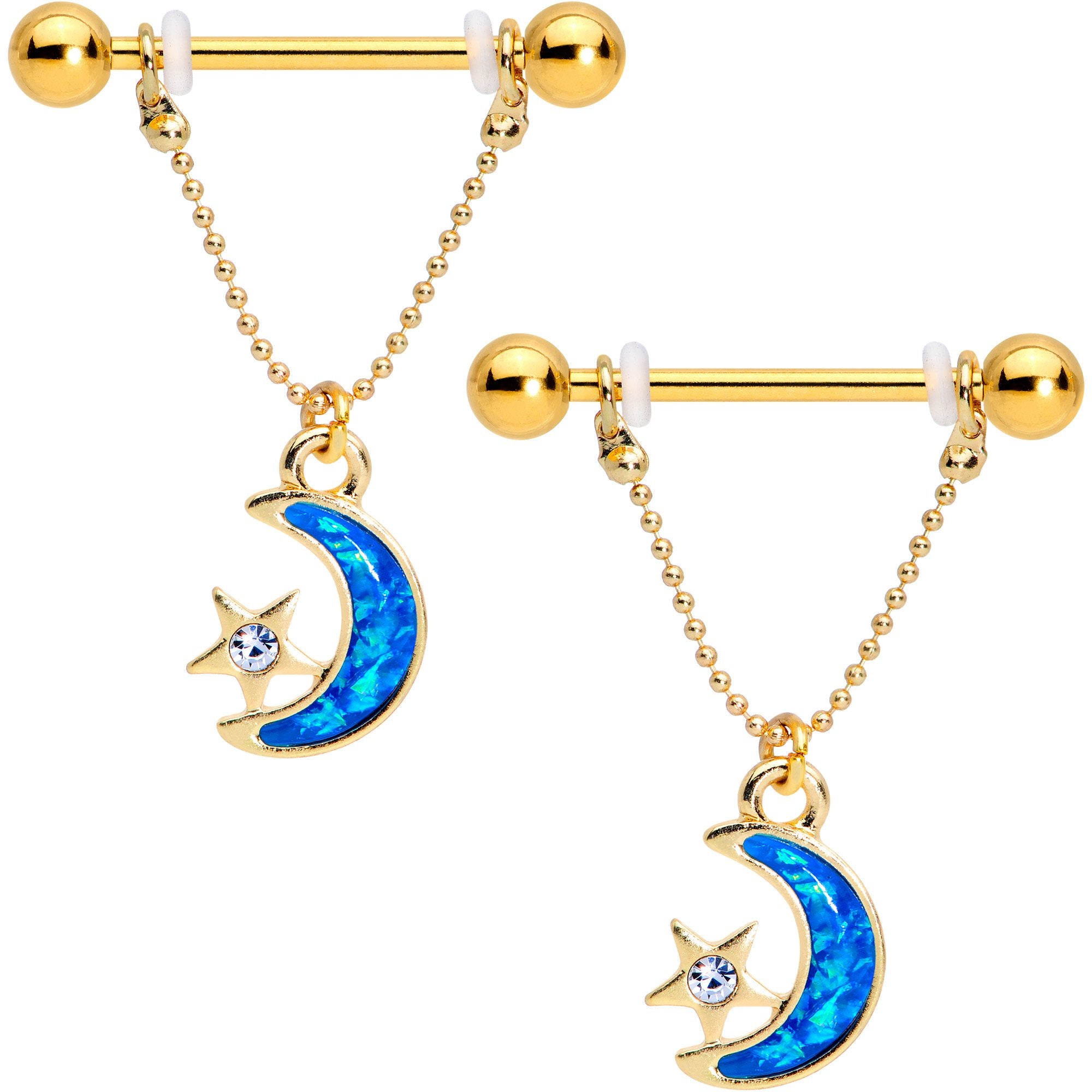 Clear Gem Gold PVD Moon Star Dangle Barbell Nipple Ring Set