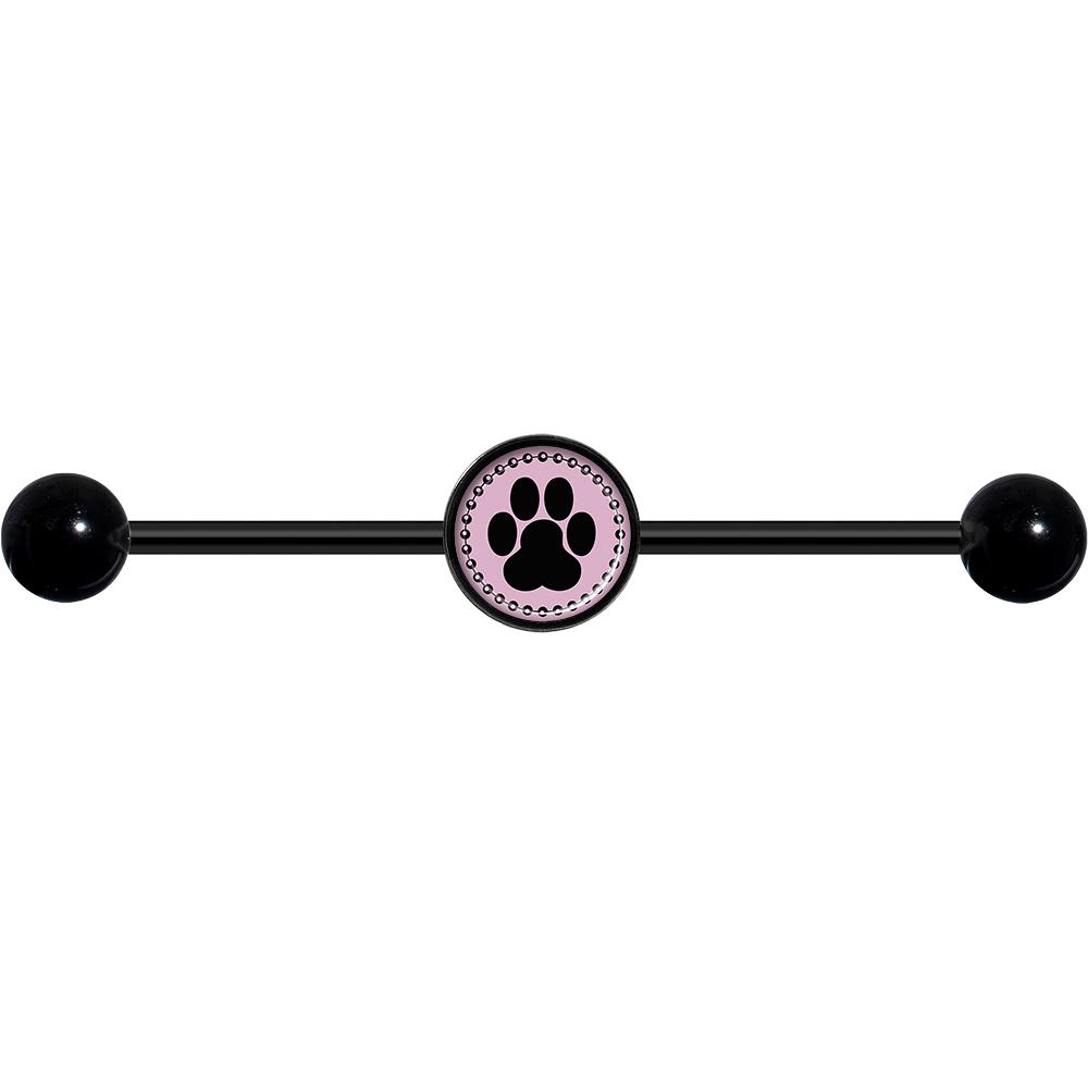 14 Gauge Black on Pink Paw Print Black Industrial Barbell 37mm