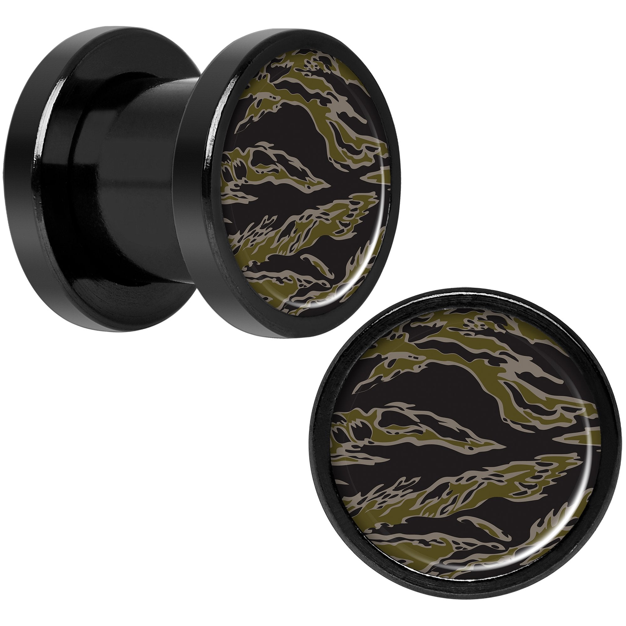 Tiger Camo Print Black Anodized Screw Fit Plug Set 0 Gauge