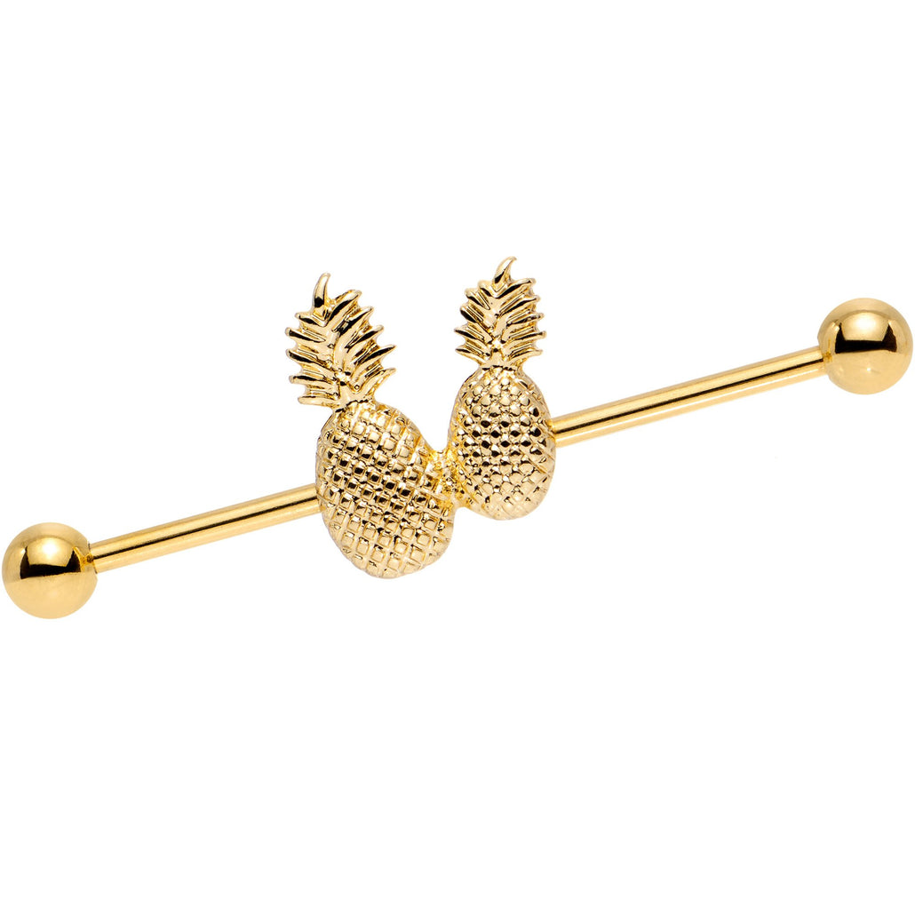 Gold Tone Anodized Pair of Pretty Pineapples Industrial Barbell 38mm