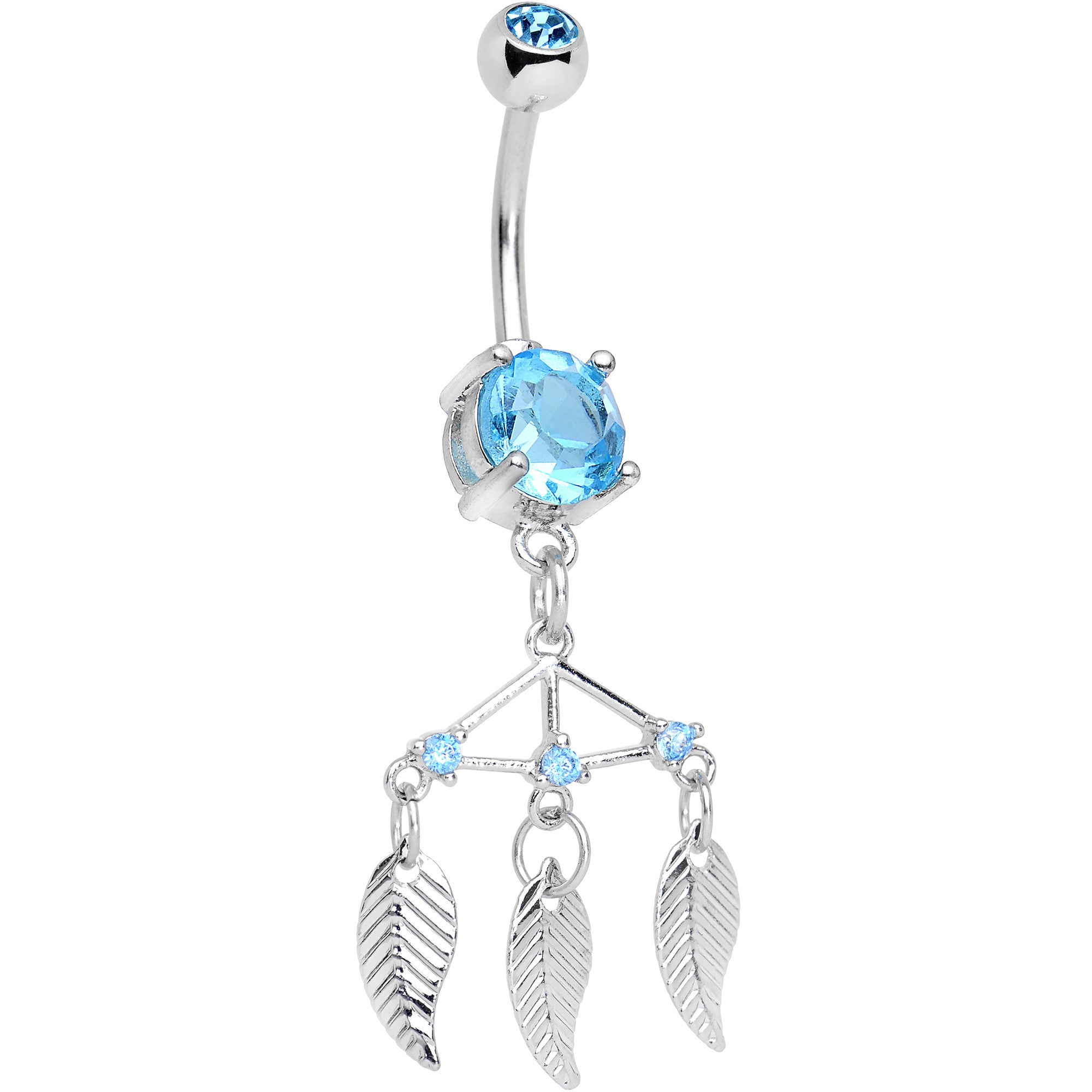 Aqua CZ Gem Free Spirit Feather Dangle Belly Ring