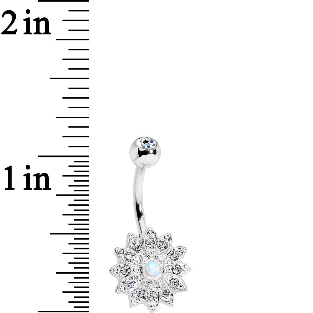 White Faux Opal Clear Gem Steel Fancy Flower Belly Ring