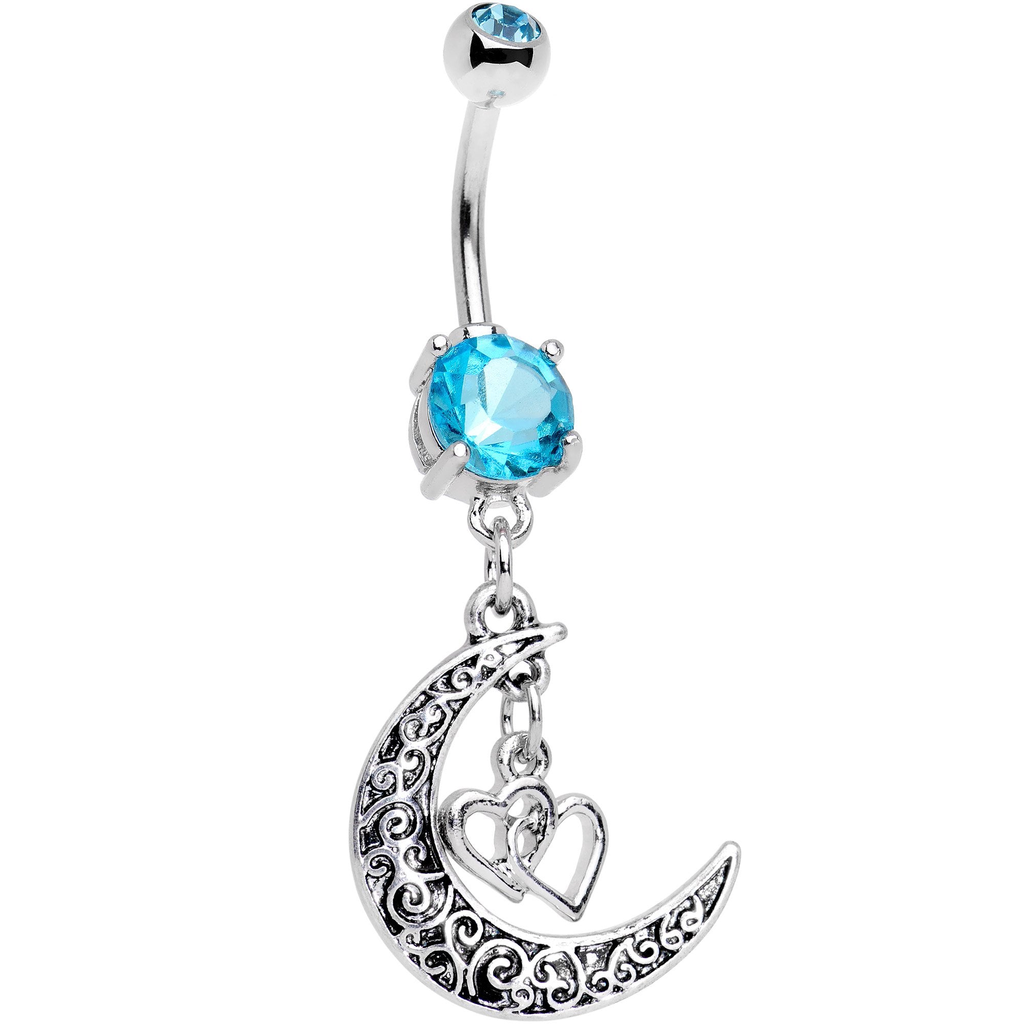 Aqua Gem Moon Full of Love Dangle Belly Ring