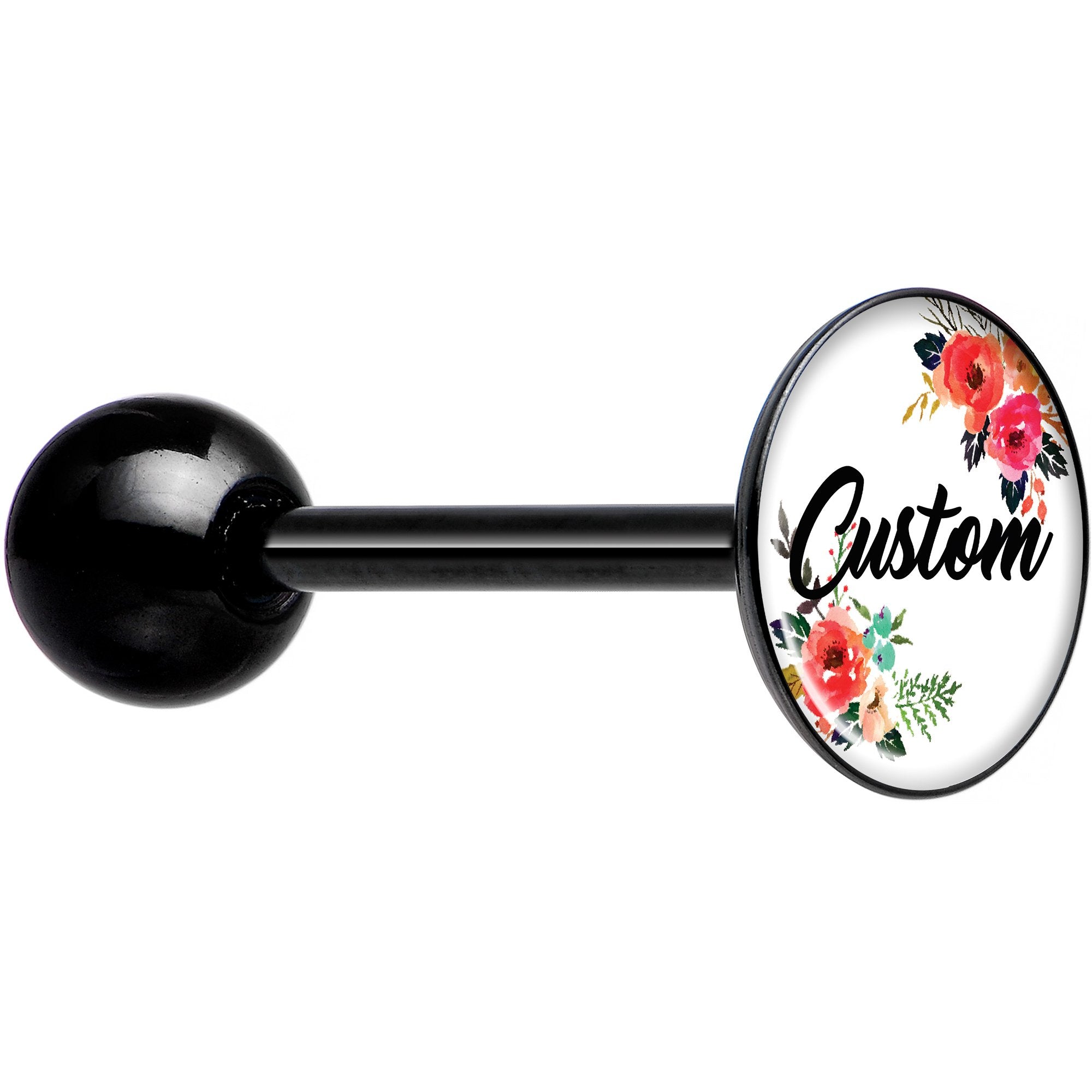 Custom Floral Personalized Name Black Barbell Tongue Ring