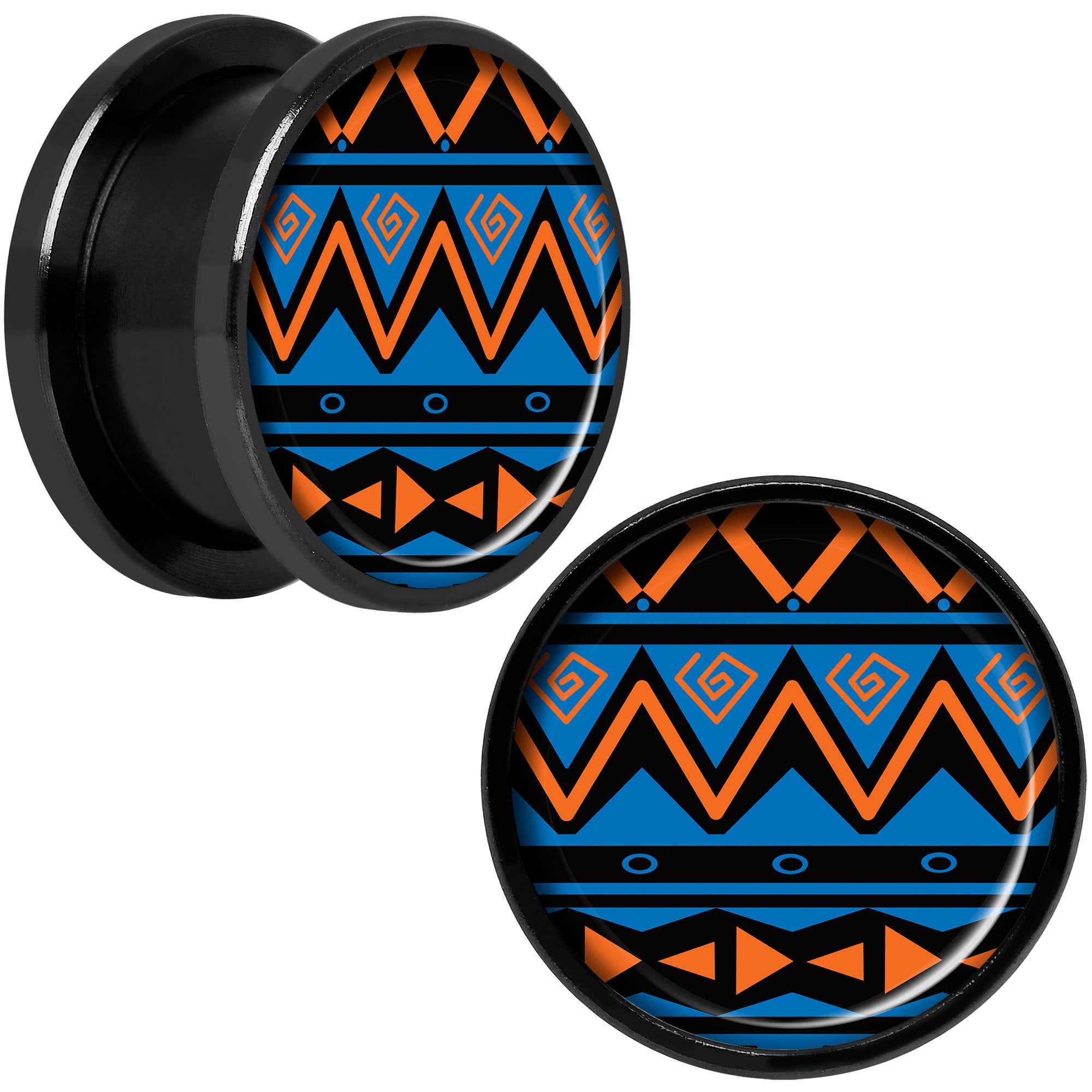 Blue Orange Tribal Print Black Anodized Screw Fit Plug Set 5/8