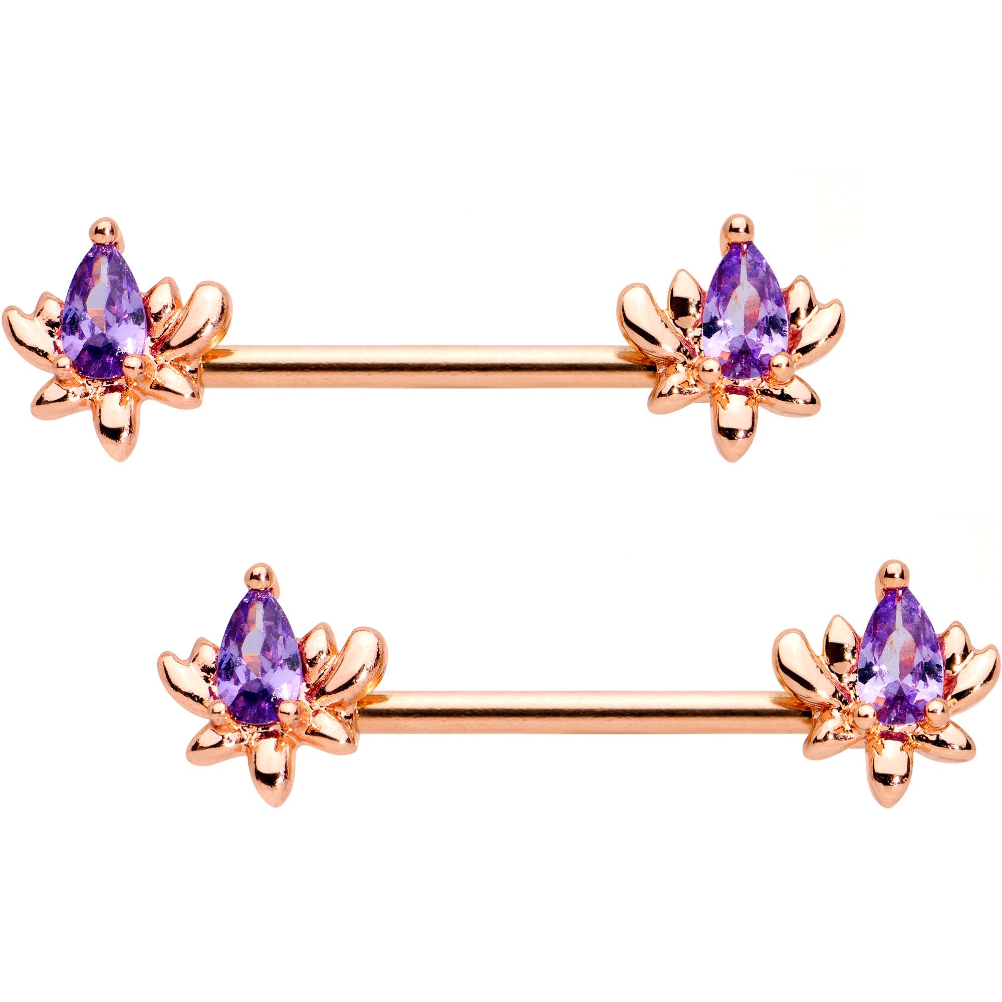 Purple Gem Rose Gold Tone Anodized Fiery Flame Barbell Nipple Ring Set