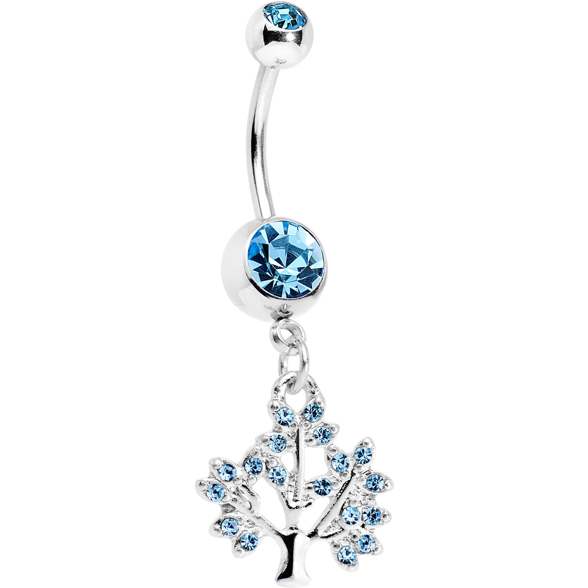 Aqua Gem Steel Tree of Life Dangle Belly Ring